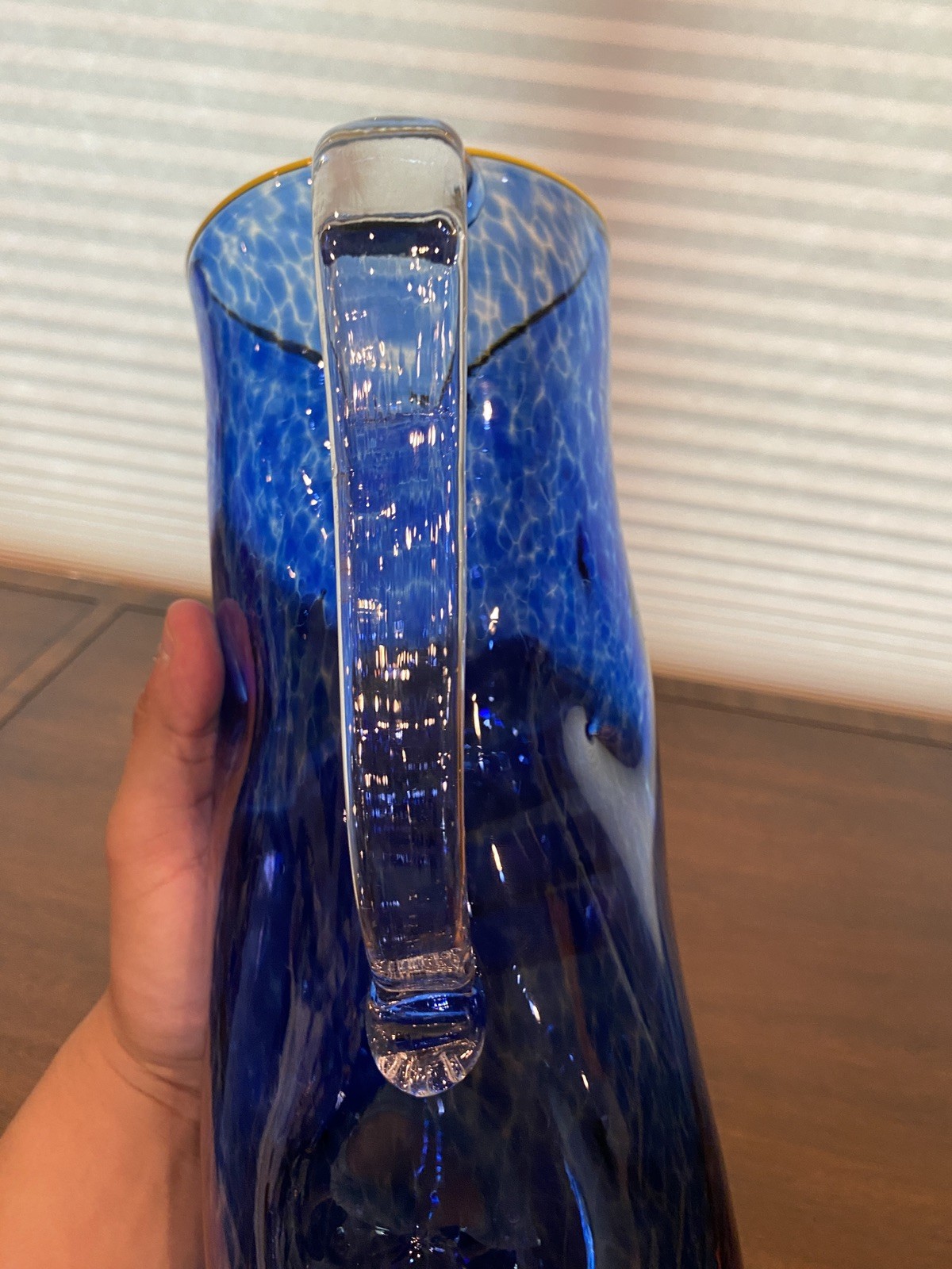 GEORGEOUS LARGE 2019 Cobalt Blue & Yellow Art Glass Pitcher 11.5″H Signed