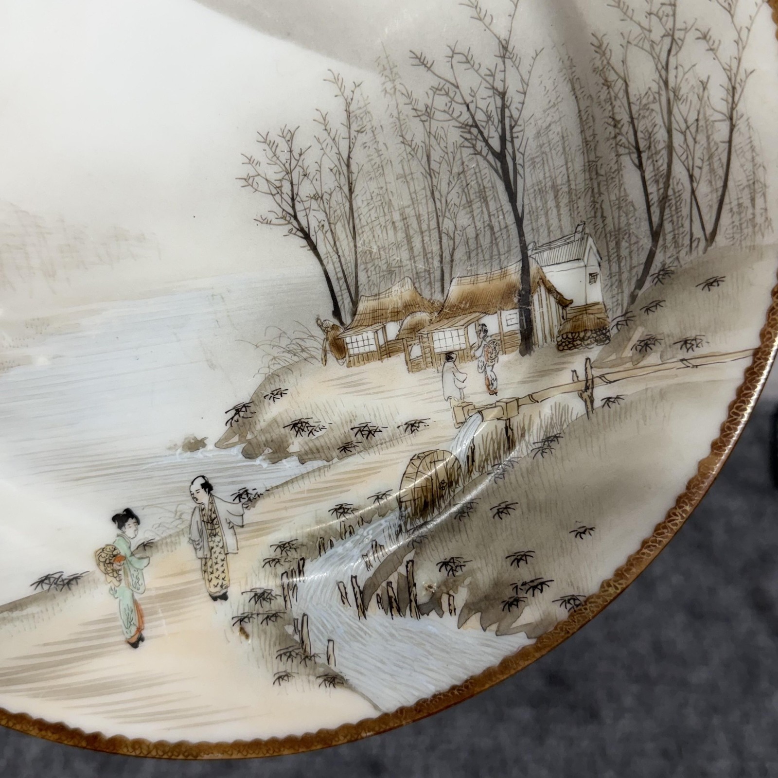 VTG 1930s Japanese Kutani Porcelain Plate 8.5″ Asian Landscape Gold Rim Scenic
