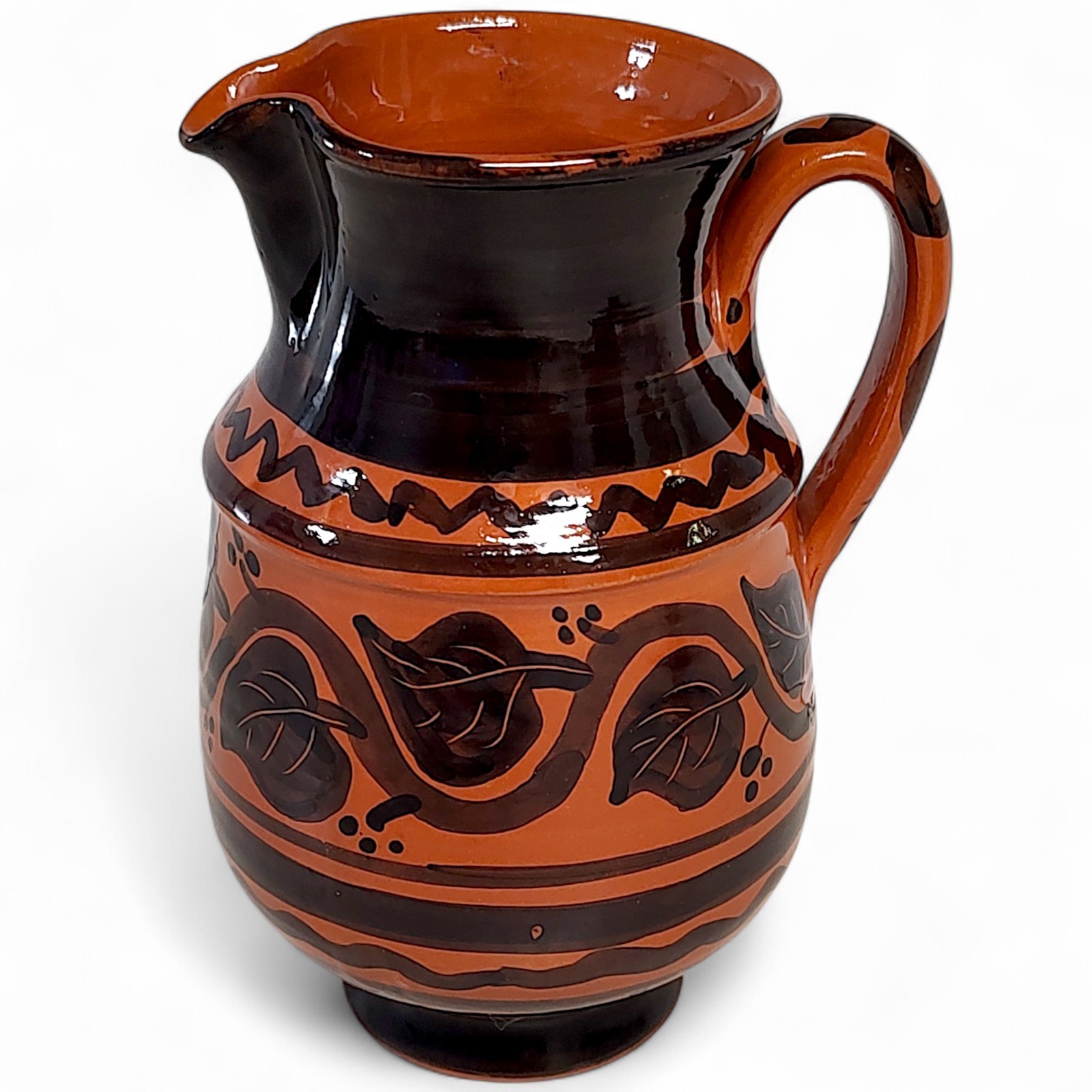 Hand Thrown Terracotta Glazed Pottery Pitcher Orange/Black Hand Painted 6″