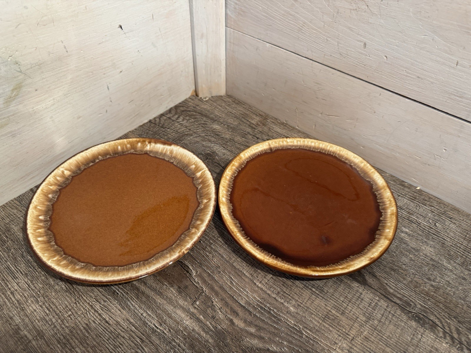 VTG Set Of 2 Salad/ Bread Plates Brown Drip Glaze 7” MCM