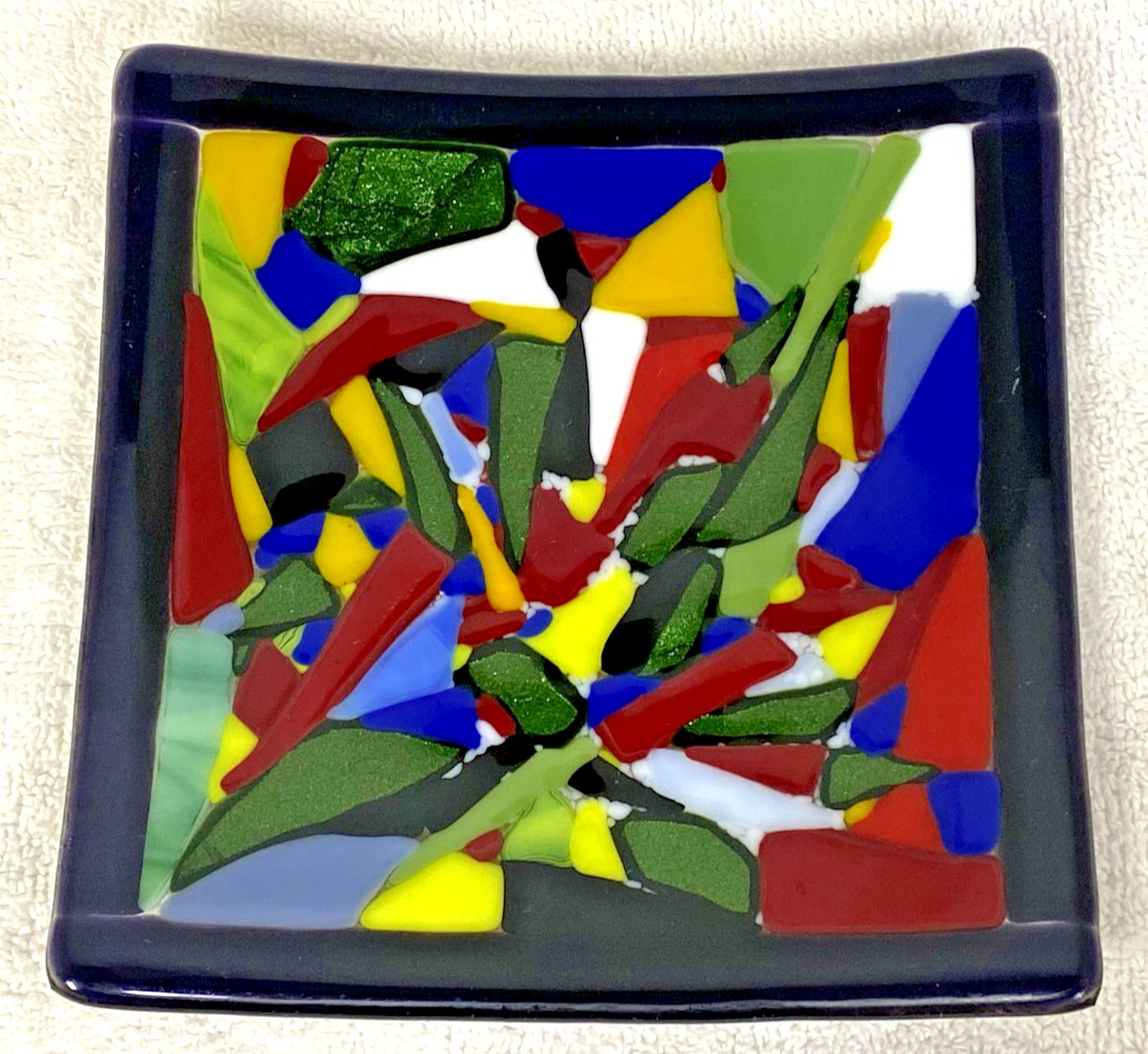 Handmade Fused Art Glass Black Red Green Blue Modern Mosaic Curved Dish 6″