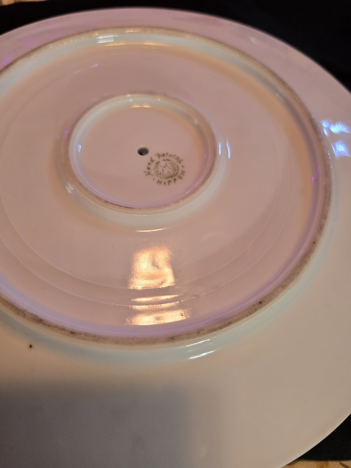 Nippon Porcelain Plate White Pink Blue Floral Gold Trim Black Border Round