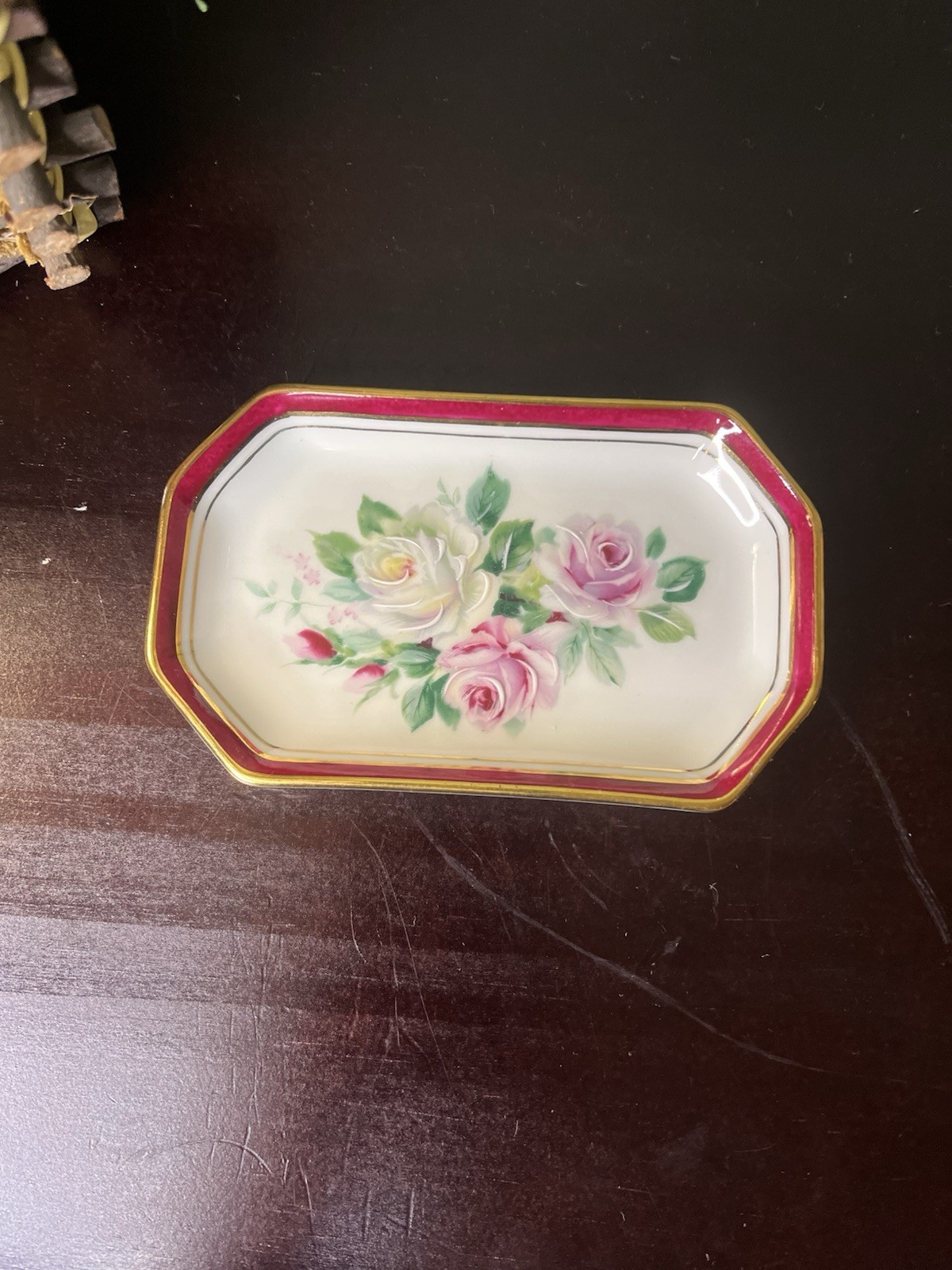 La Reine Limoges France Porcelain Vanity Tray Dish Hand Painted Roses Gold Trim