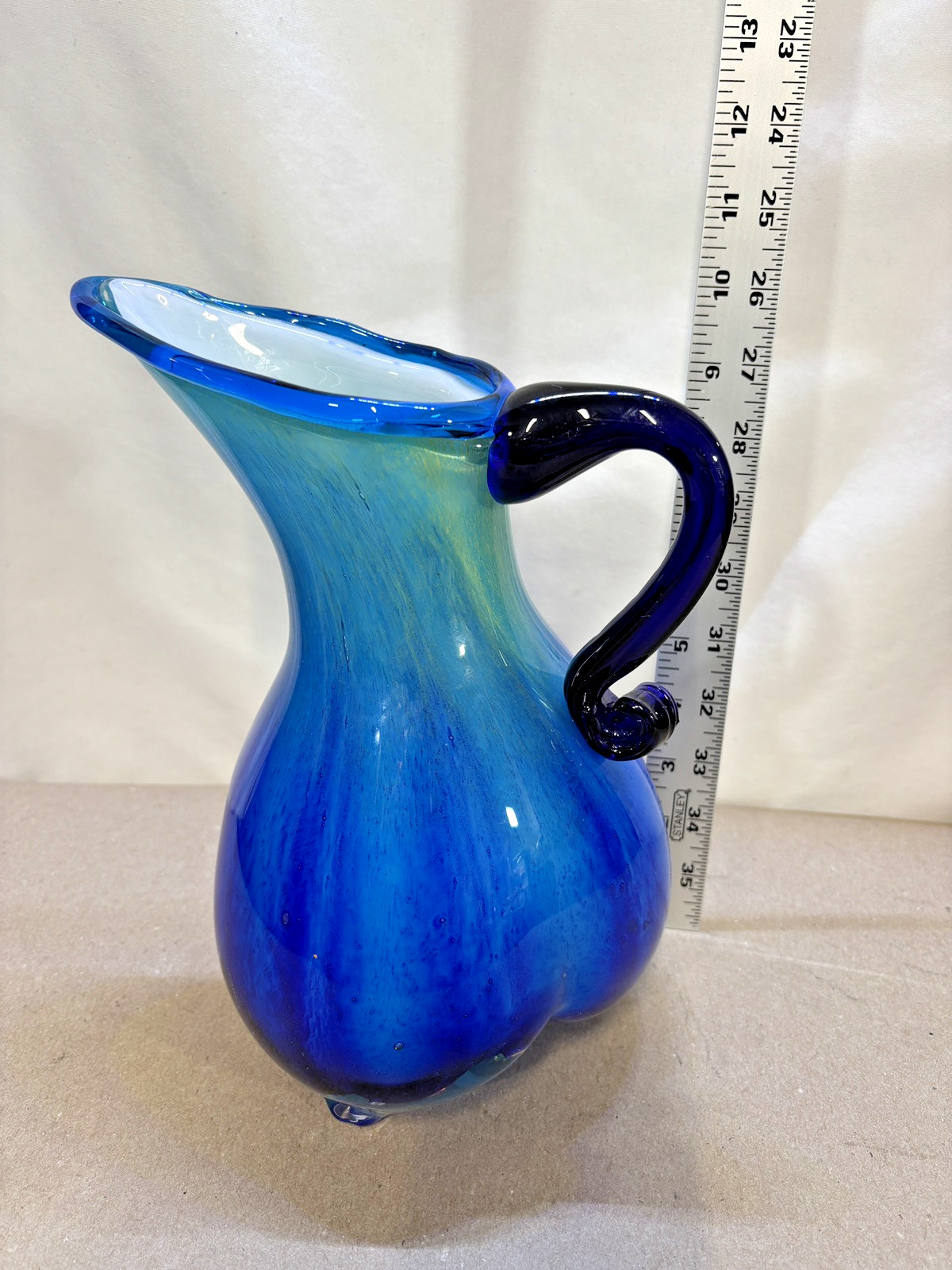 Hand Blown Murano 3 Sided Cased Cobalt Blue to Yellow Glass Pitcher