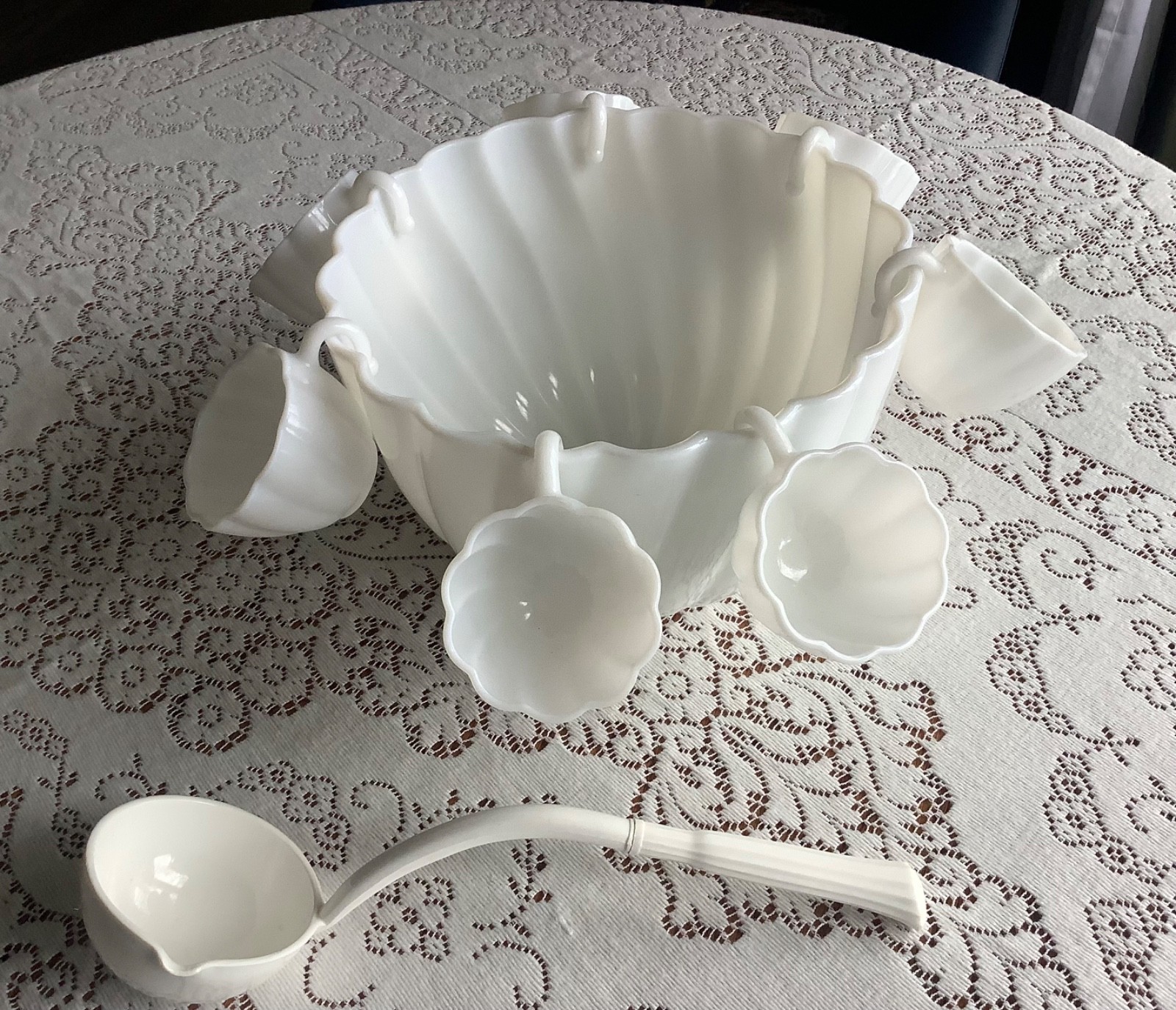 Vtg Hazel Atlas Milk Glass Alpine White Swirl Punch Bowl 12 Cups W Vtg Ladle