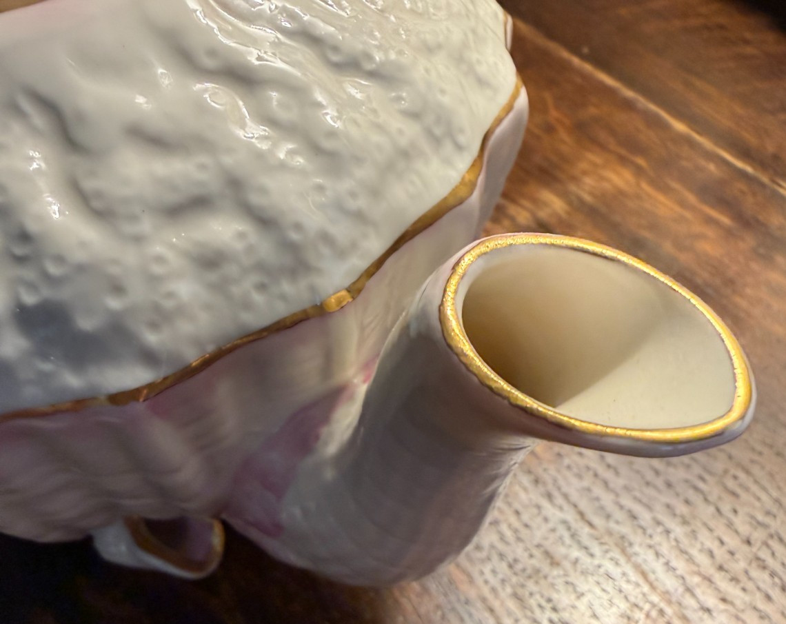 BELLEEK PINK NEPTUNE SEA SHELLS TEAPOT, SUGAR BOWL, CREAMER MINT CONDITION