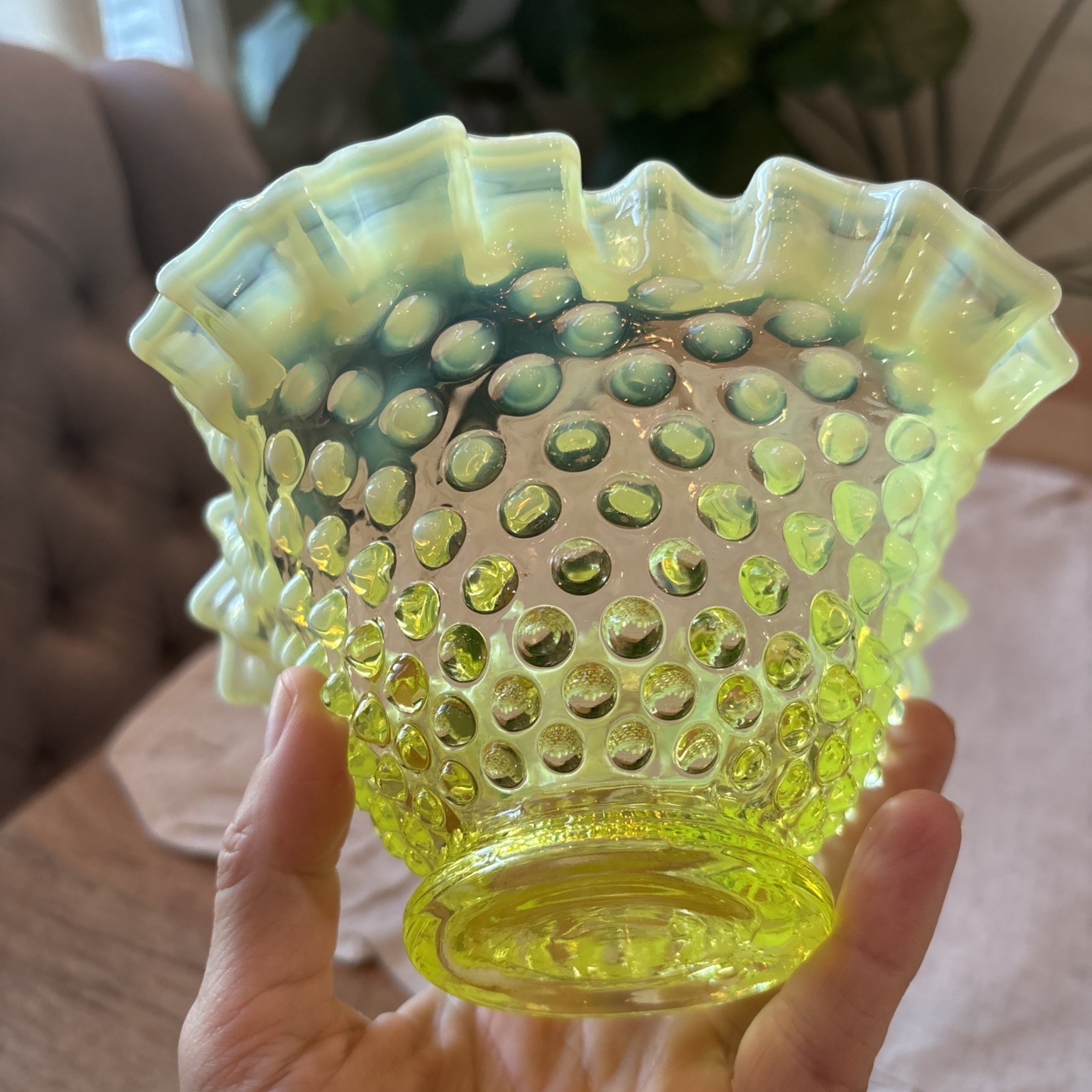 Fenton Vaseline Glass Topaz Opalescent Hobnail Bowl Ruffled Edge 7”