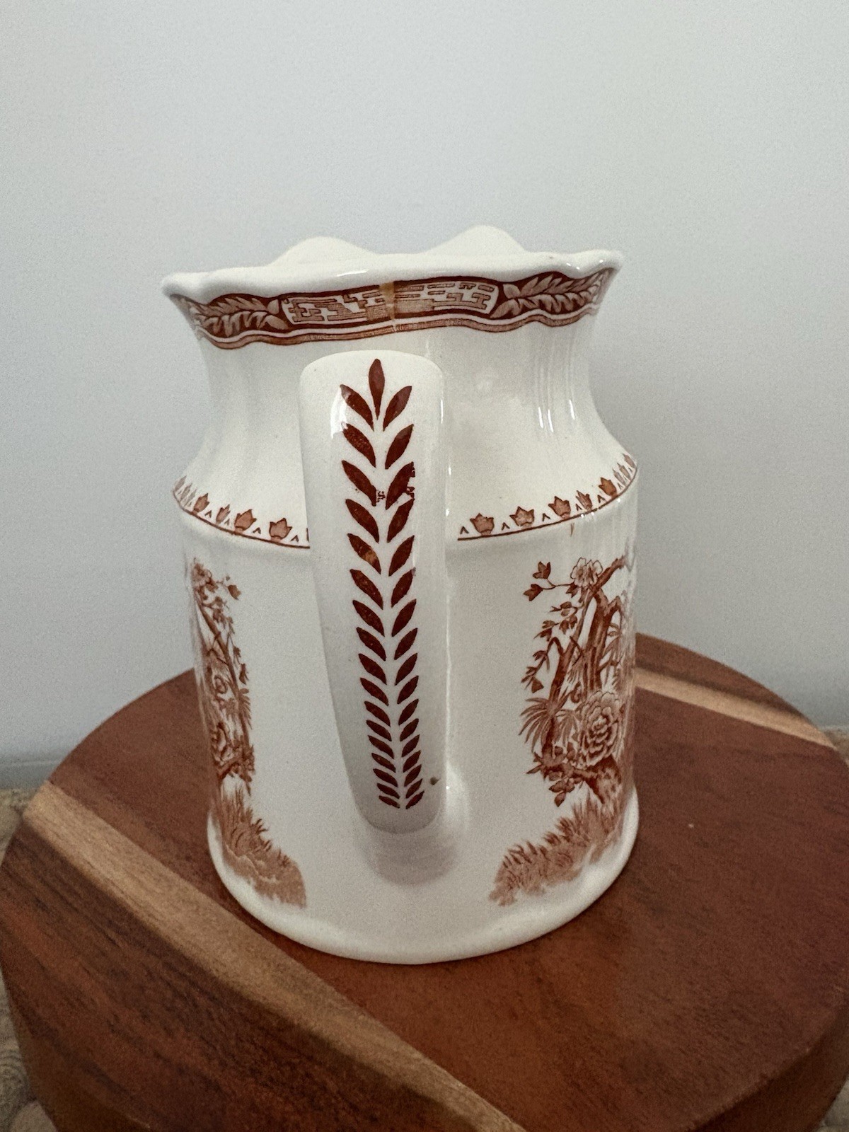 White & Brown Ceramic Floral Transferware Pitcher, Glossy Decorative Finish