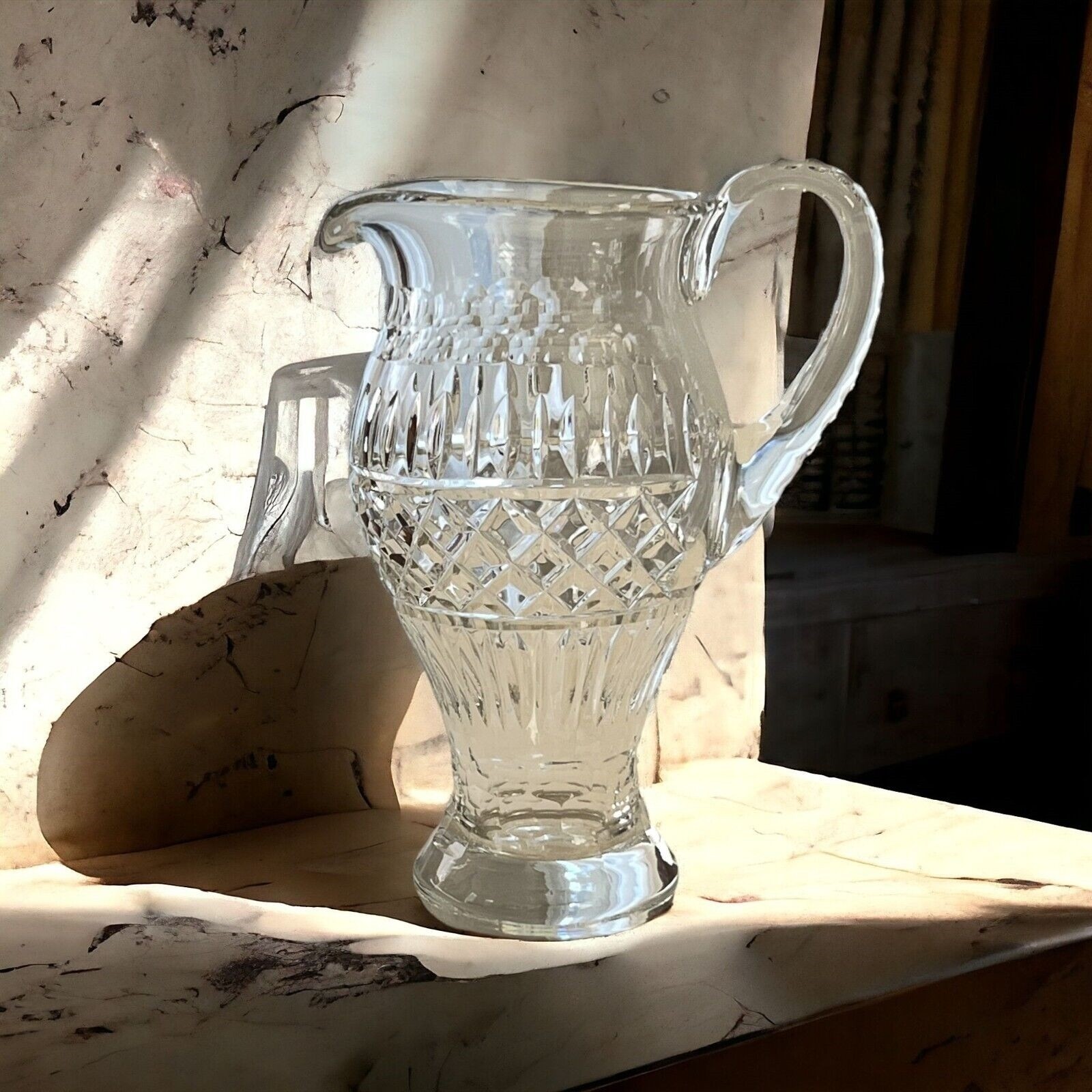 Crystal Pitcher 40 oz Footed Decorative 9 1/2″ Tall Applied Handle Unbranded