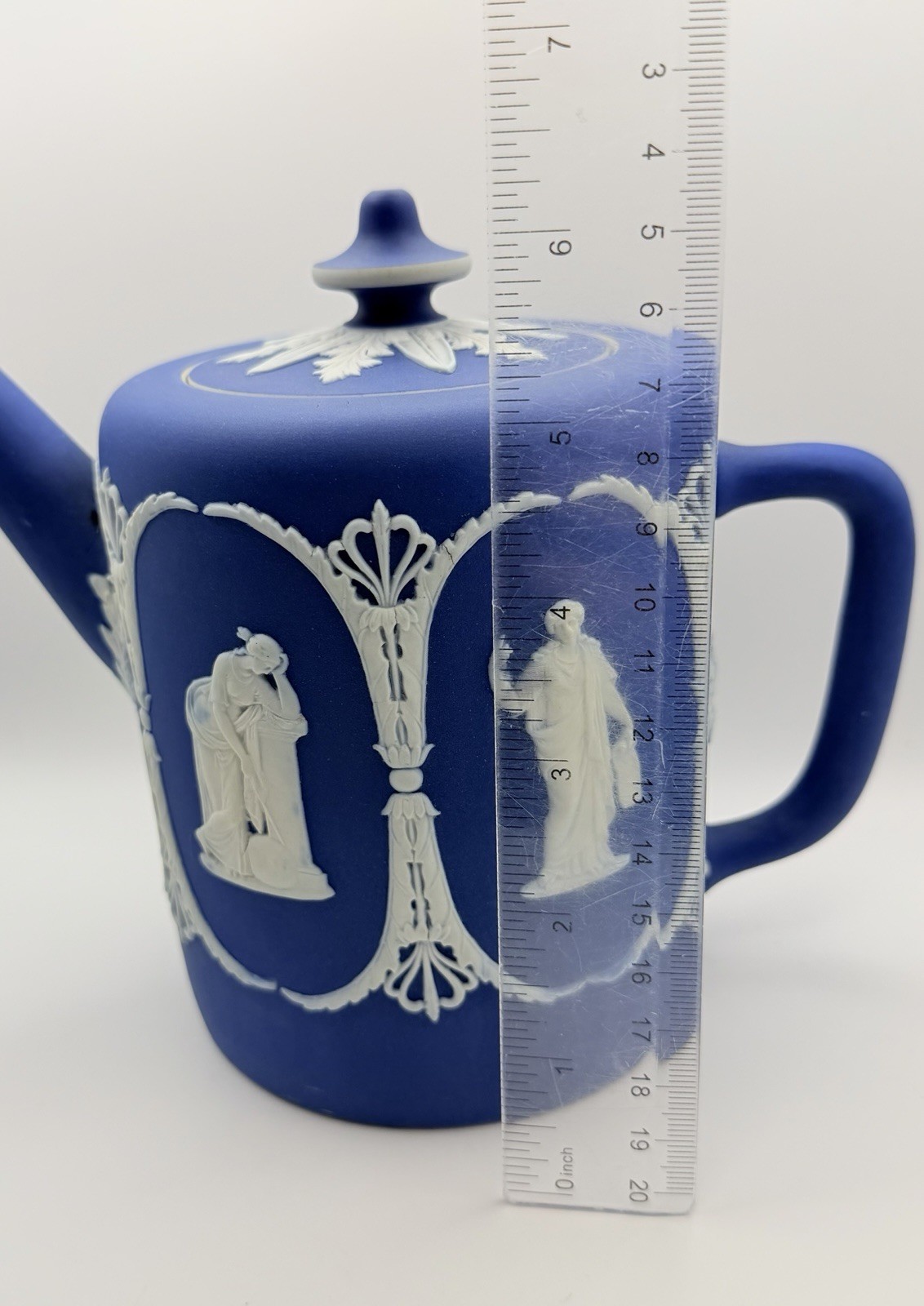 ANTIQUE WEDGWOOD STYLE COBALT BLUE JASPERWARE TEAPOT NEOCLASSICAL UNMARKED? FLAW