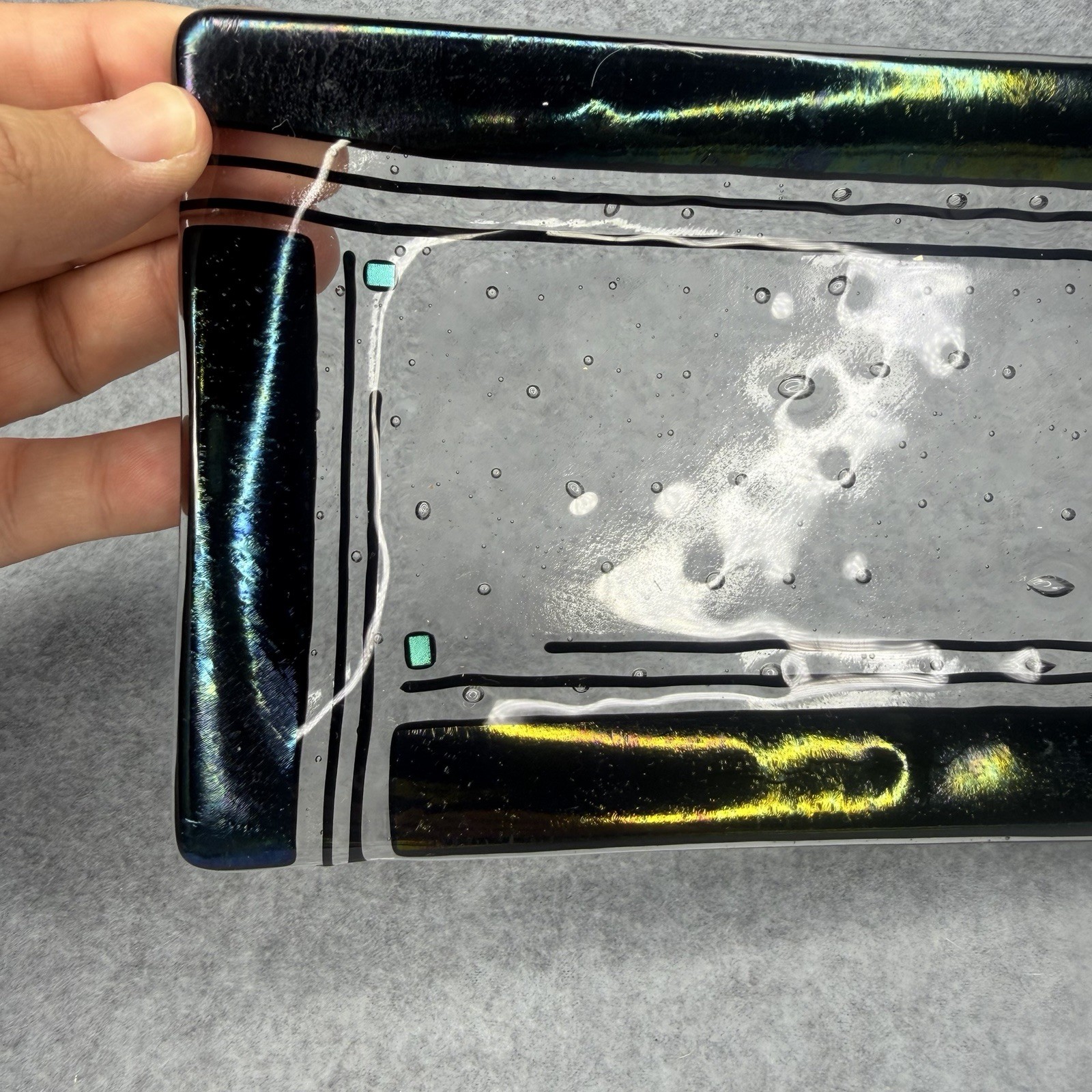 Vintage Jeri Goodman Signed 1997 Glass Blue Rectangle Trinket Dish Bubbles 9″