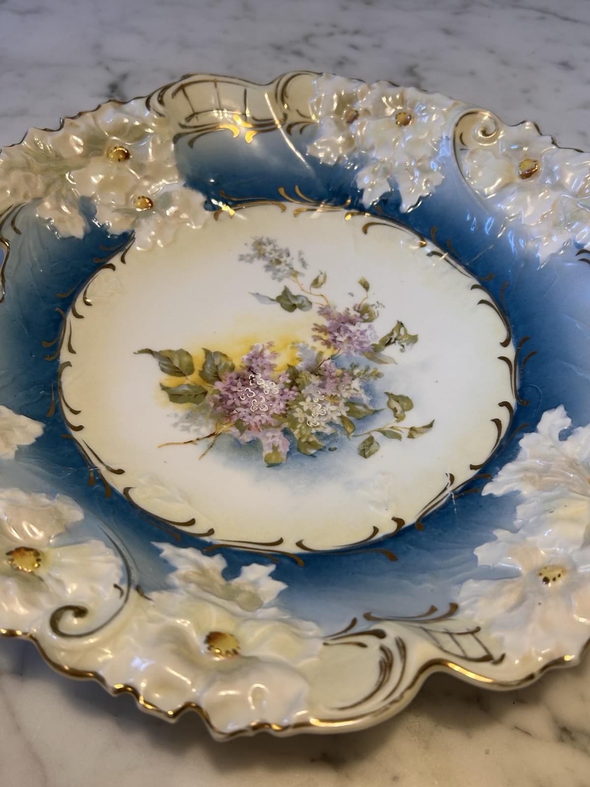 Unmarked RS Prussia Bowl Mold With Handles Circa 1880s Gilded Lilacs