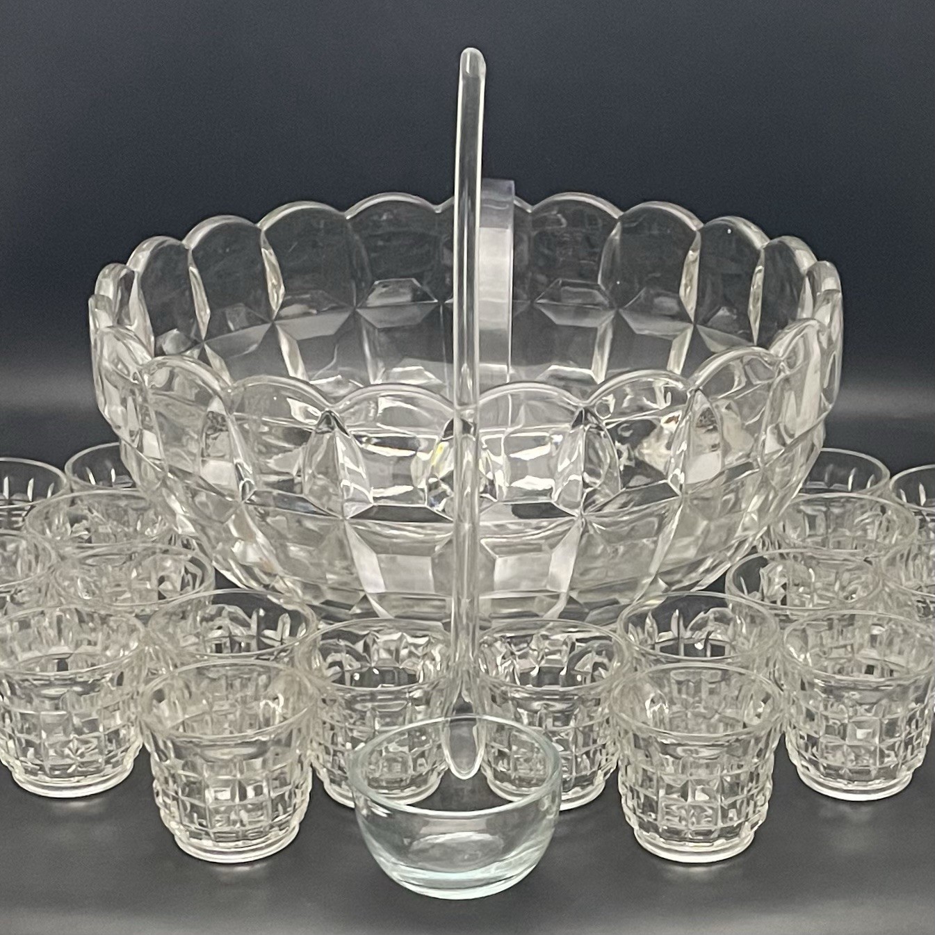 Tiffin Square Diamonds Beveled Block Waffle 25pc Glass Punch Bowl Set c1950s USA