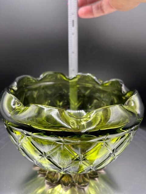 Indiana Glass Olive Green Quilted Diamond Candy Bowl Footed Metal Leaf Base MCM