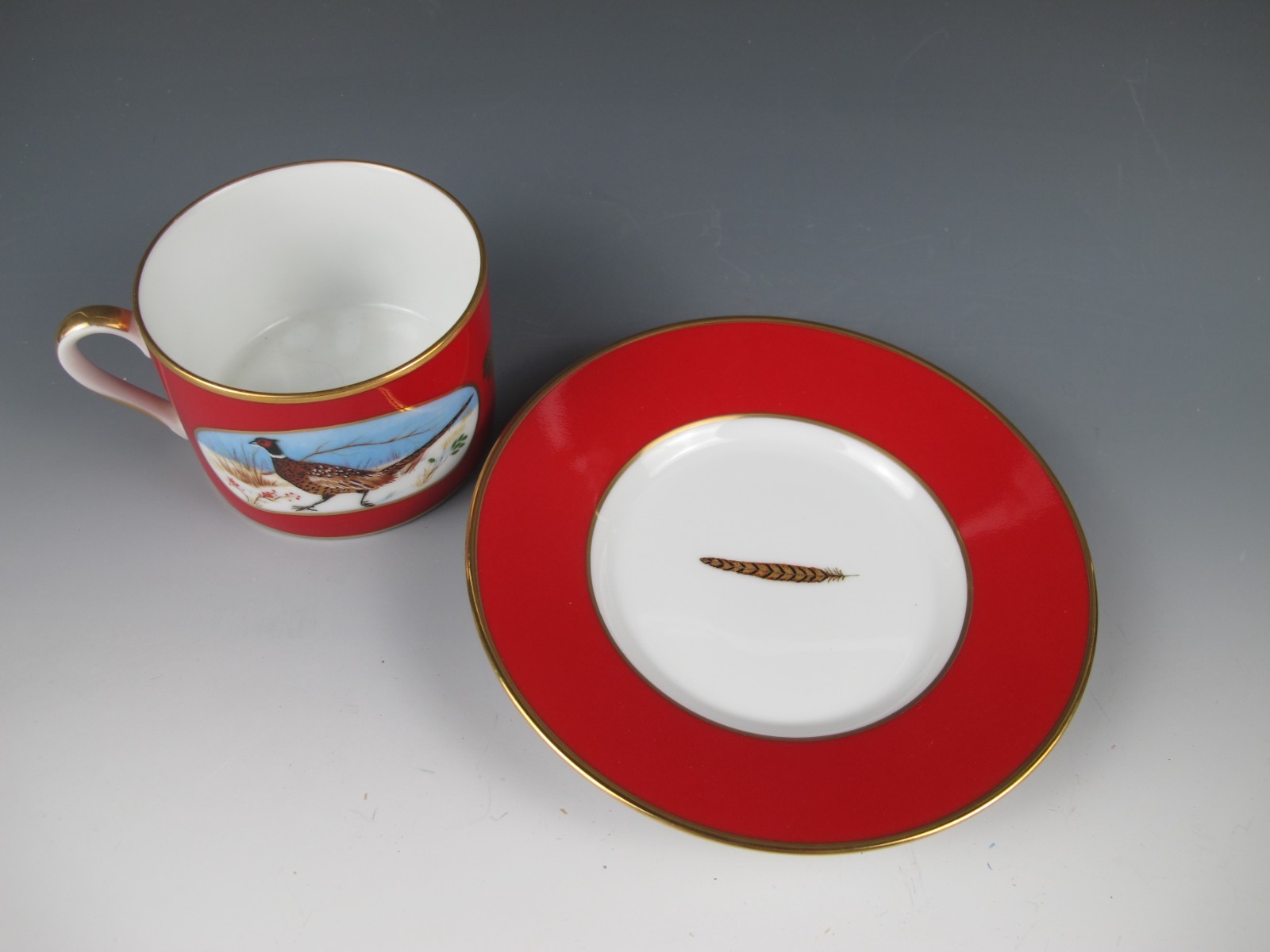 (4) Lynn Chase Winter Game Birds Red Cup & Saucer Sets