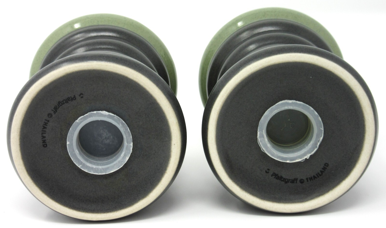Pfaltzgraff Sphere Salt & Pepper Shaker Set charcoal grey w/ olive green & white