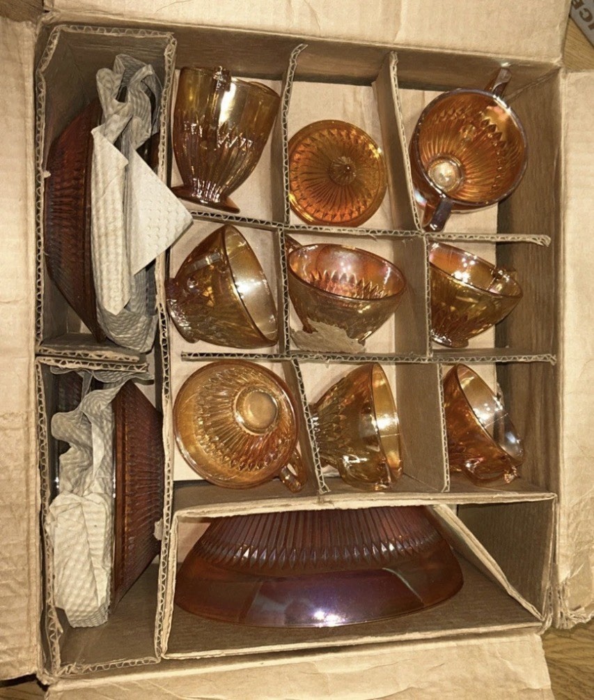 Jeannette Glass Co Amberescense 35 Pc Dinner Set Antique 1960s Original Box
