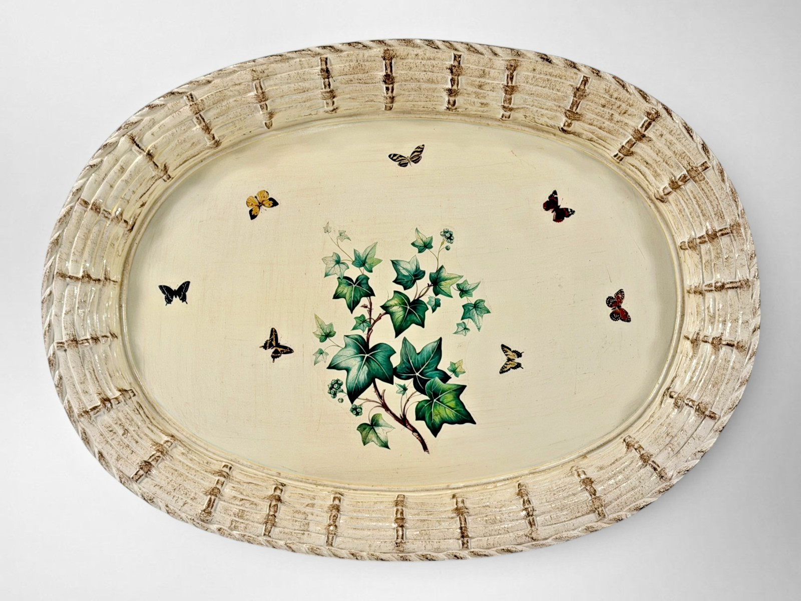 Vintage Neiman Marcus Italy Oval Wood Serving Tray Ivy Butterflies Basket Rim