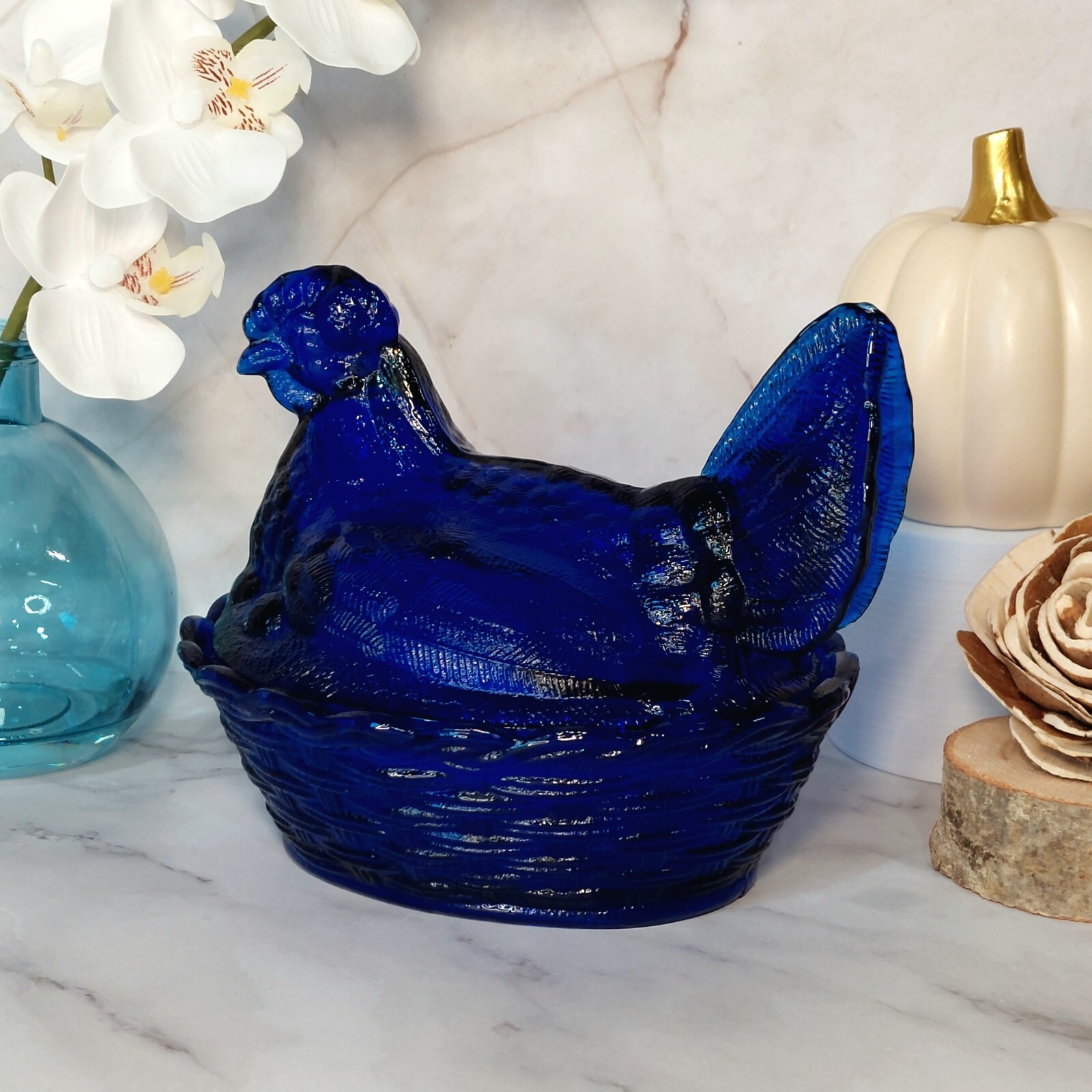 Hen on Nest Chicken Cobalt Blue Glass Depression Style Candy Dish, Vintage Style