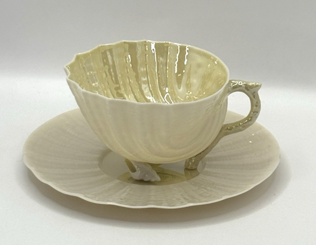 Belleek Neptune Shell Footed Cup and Saucer Yellow Ireland ~ Green Mark