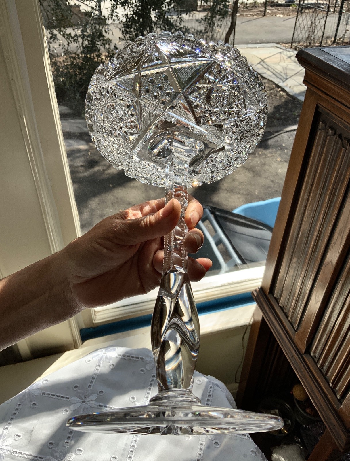 AMERICAN BRILLIANT CUT GLASS 10″ TWIST STEM COMPOTE / ATTRIB: LIBBEY C.1900-1910