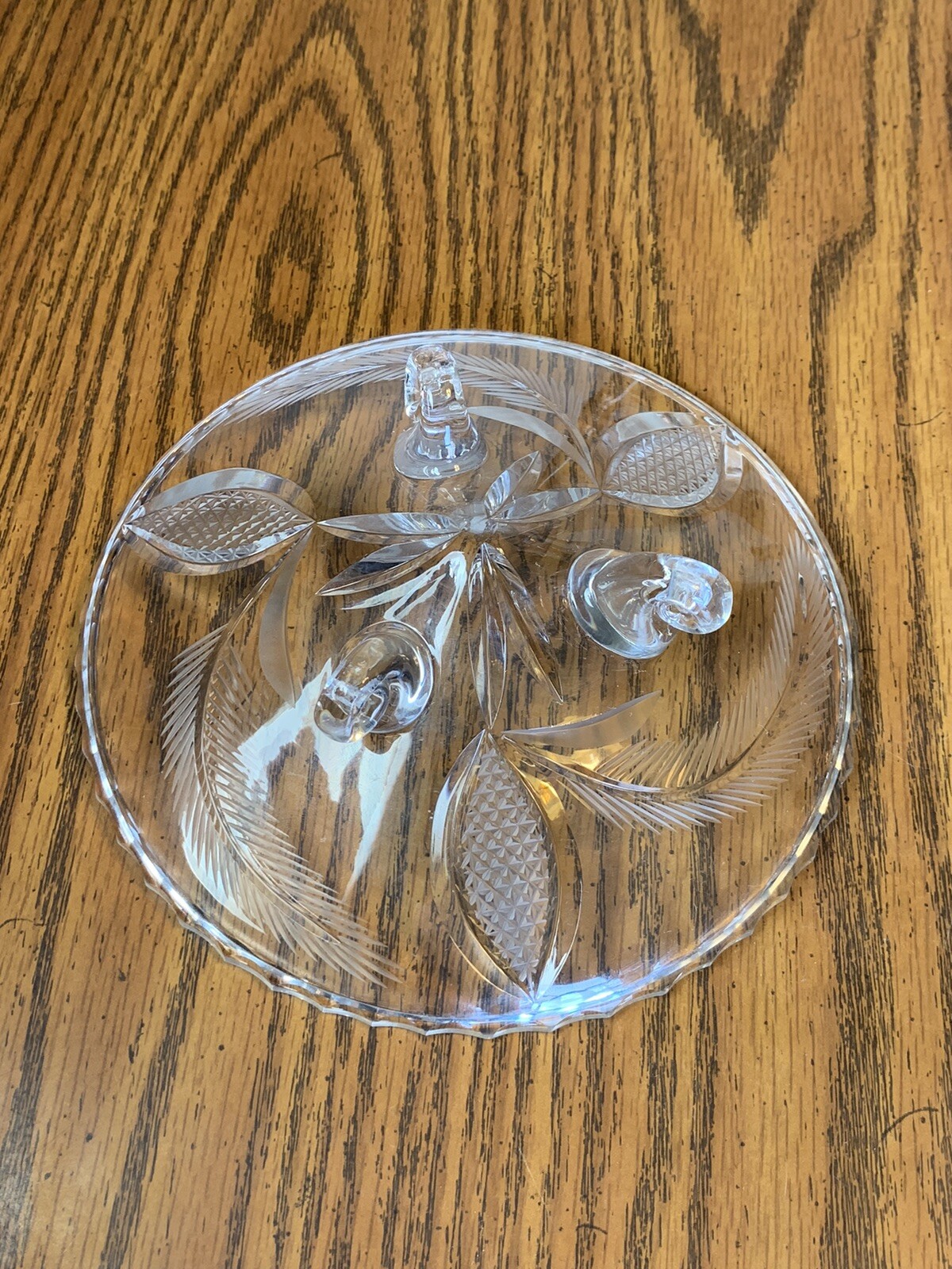 Stunning Cut Glass Crystal Footed Dish Bowl Wheat-Leaf Pattern 7”w Elegant