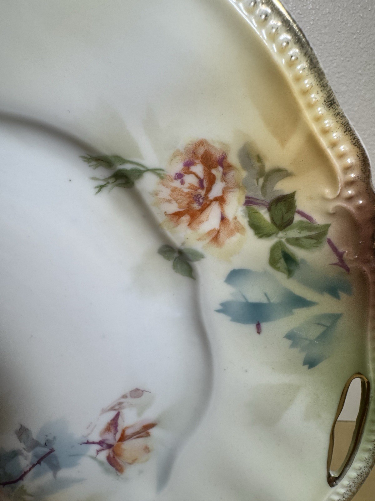 RS Prussia Handled Cake Plate Pierced Handles Scalloped Edge Beaded Trim