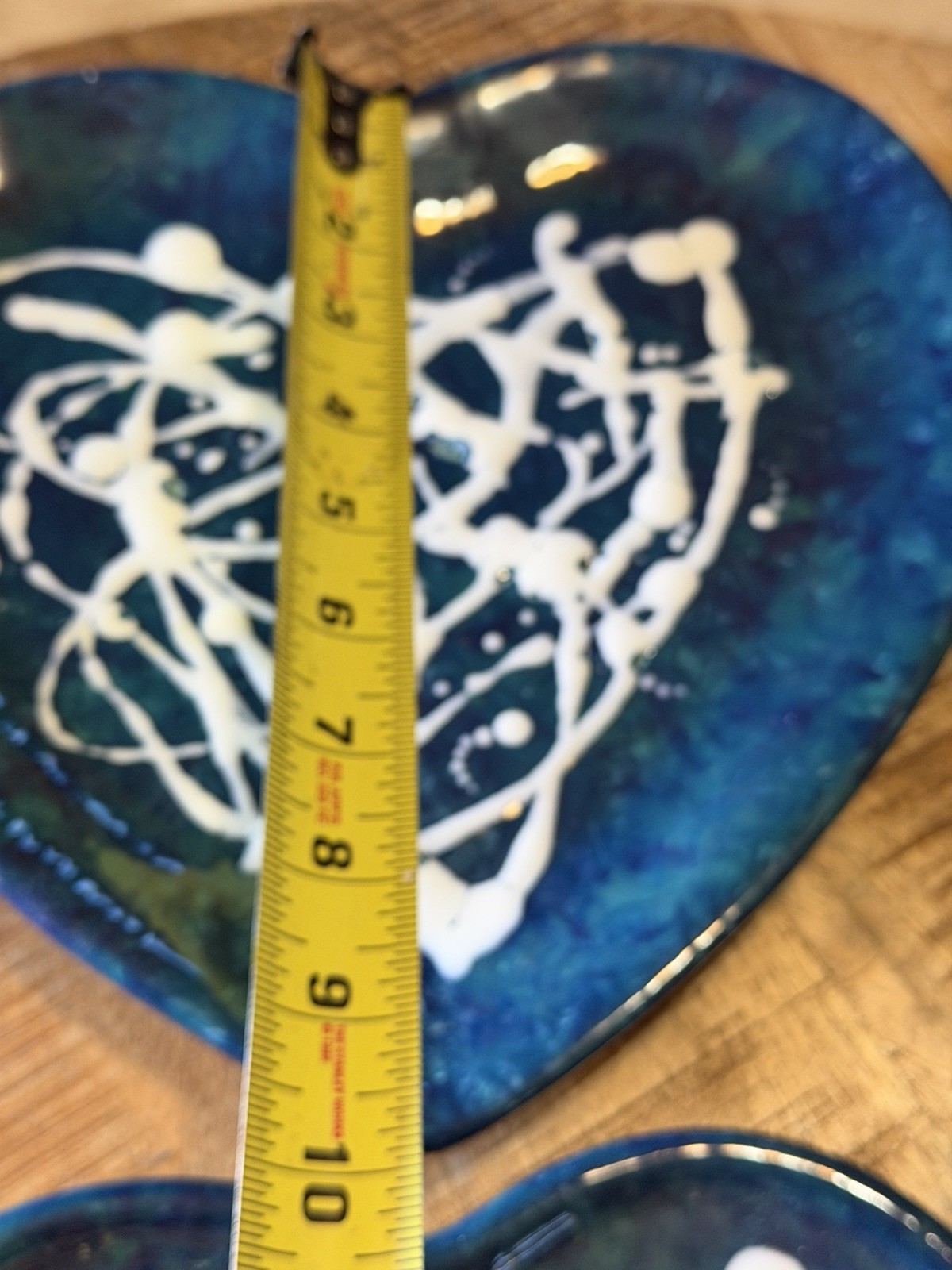 Vintage Handcrafted Four Piece Heart Shaped Blue Green Pottery Plates & Trinket