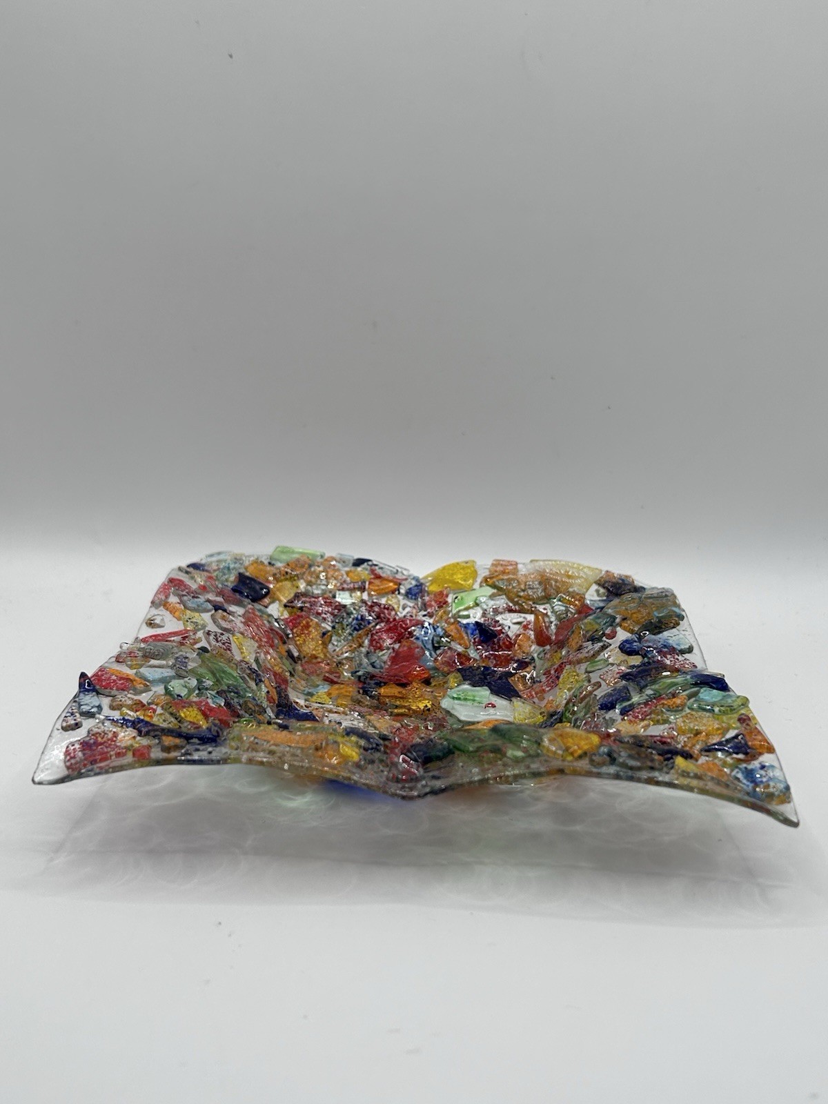 3D Trinket Dish Confetti Iridescent Fused Dichroic Glass MCM 6.5In Made in Italy
