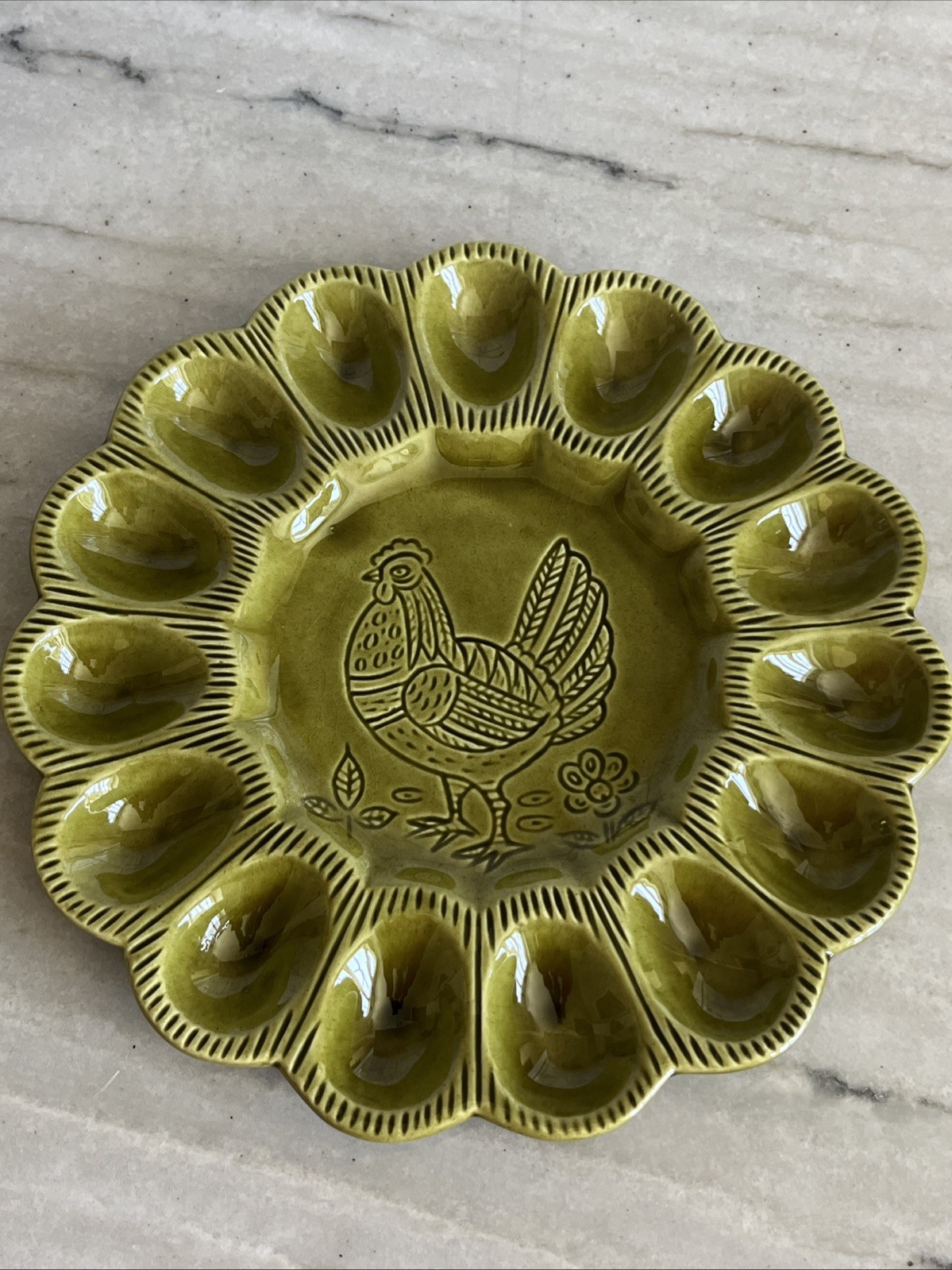 Vtg. California Pottery Deviled Egg Platter Olive Green Hen Chicken S29 USA