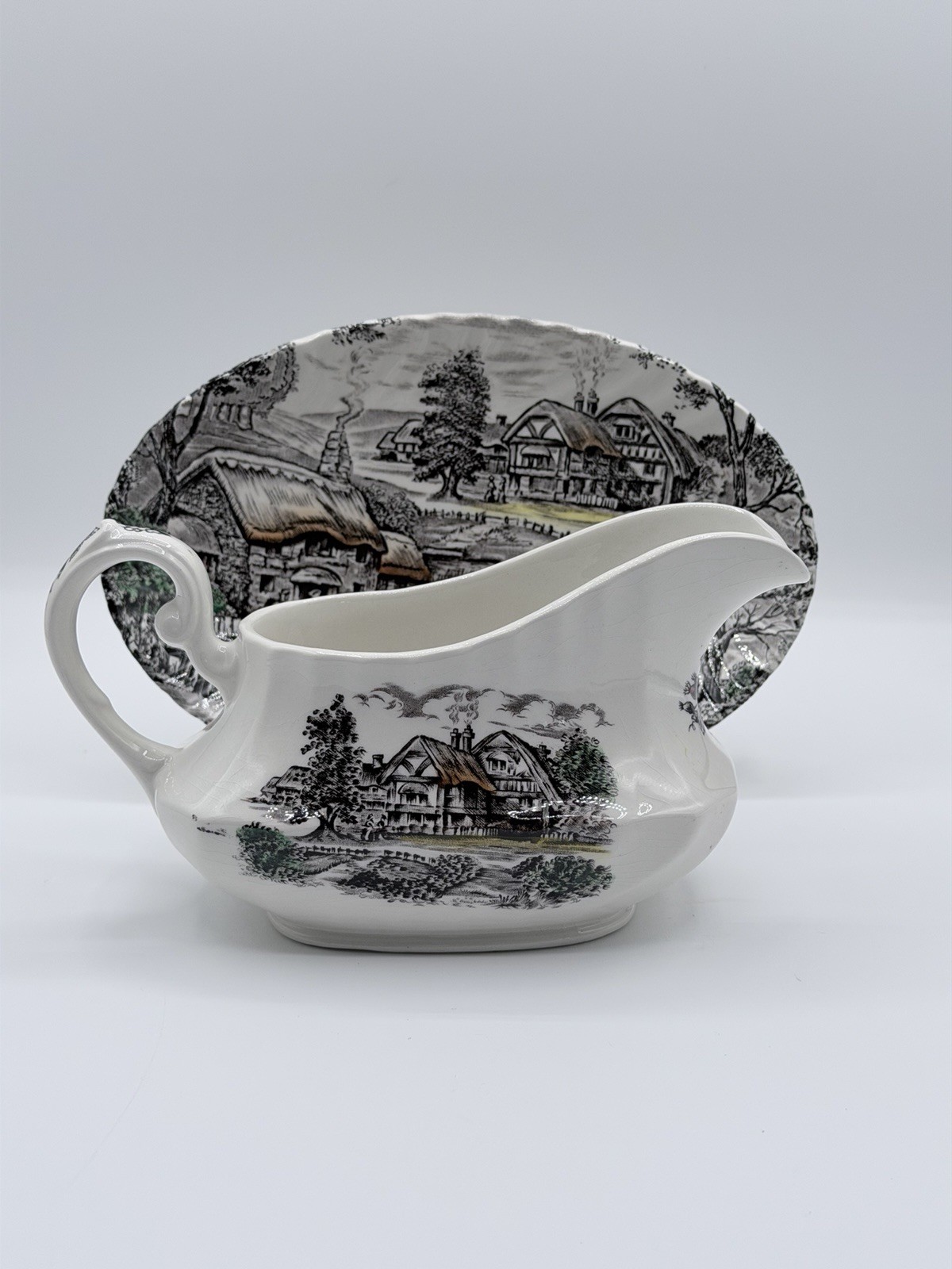 Staffordshire Ironstone Yorkshire Multicolor Gravy Boat with Underplate England