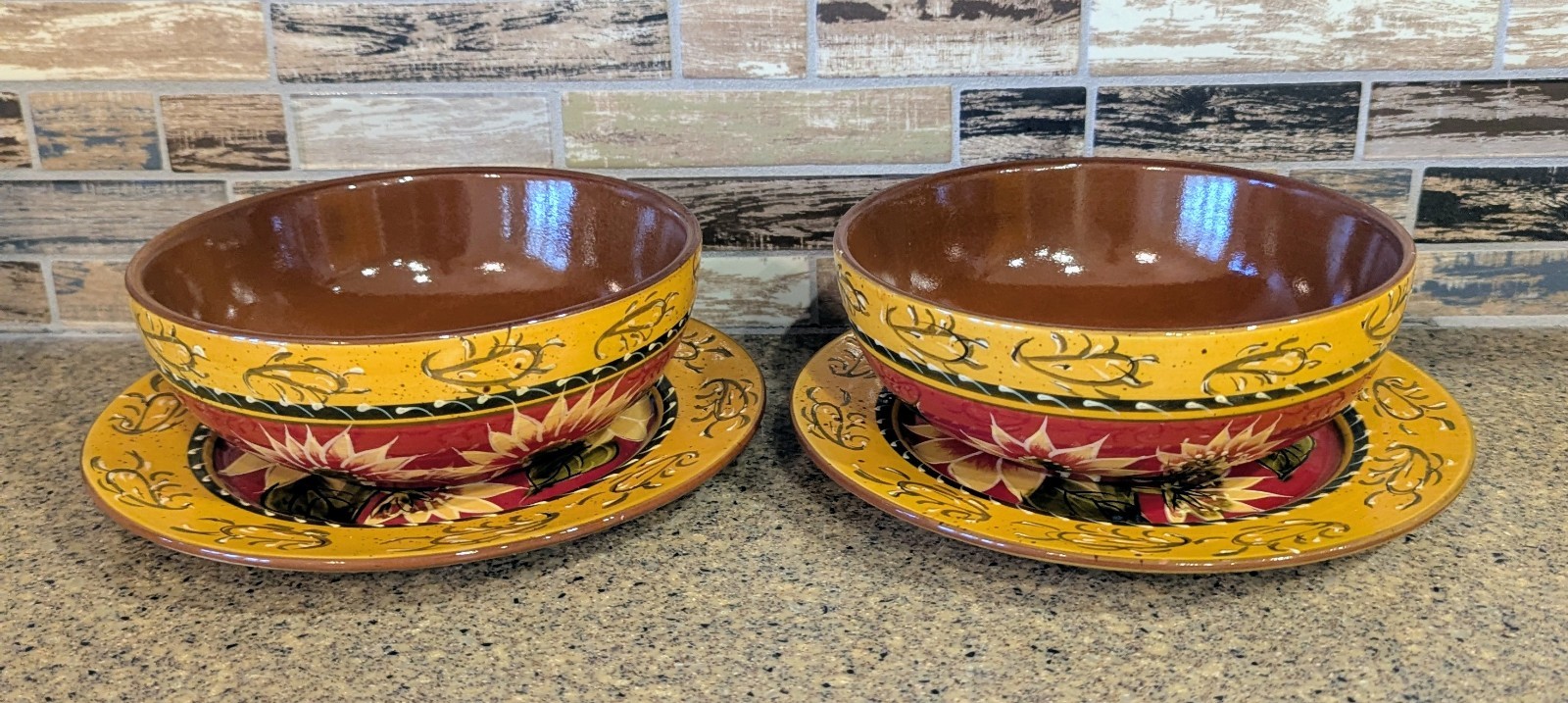Pier 1 Imports Sunflower Hand Painted Terracotta 6 3/4″ Bowl and 8 1/4″ Dish Set