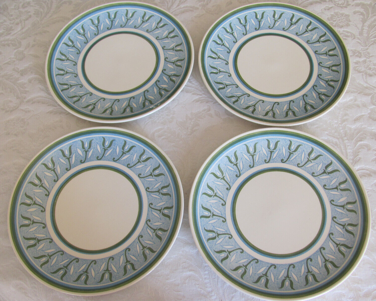 Royal China Ironstone Camelot -Blue & Green-USA- 10 1/8″ Dinner Plates-Set of 4