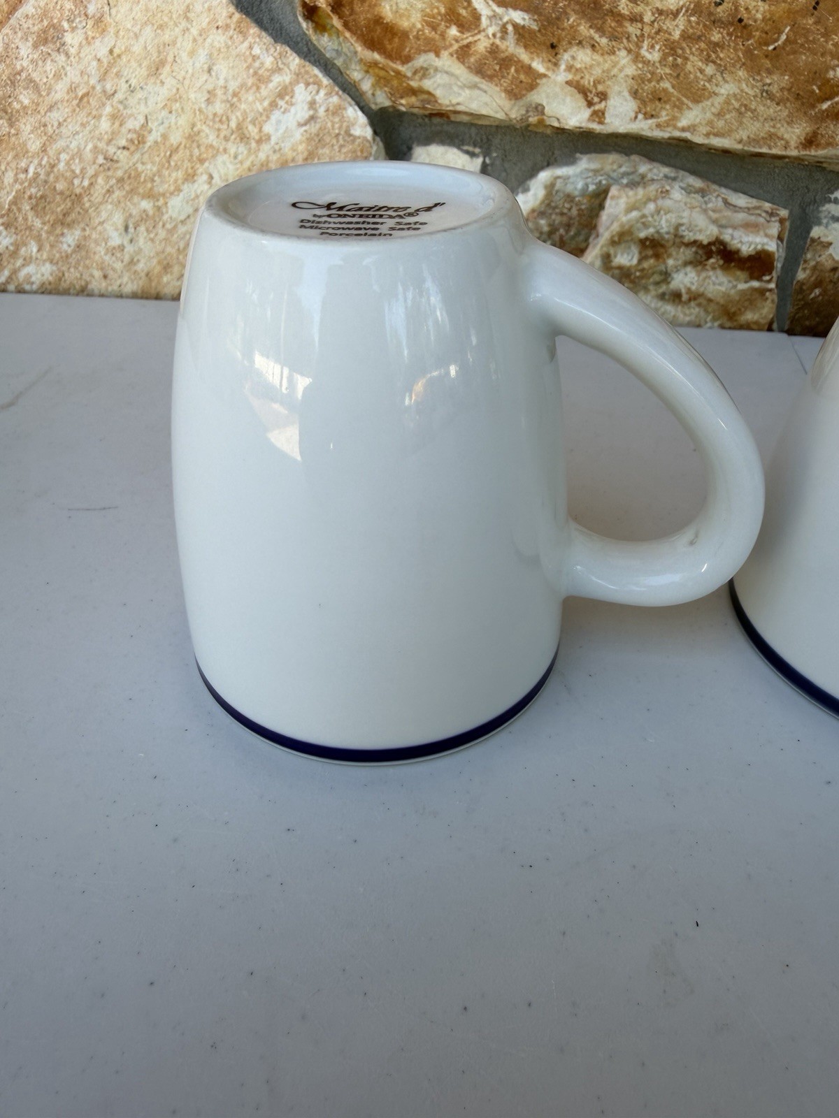 Set of 2 Oneida Maitre D’ Mugs – White Blue Band Styled Coffee Cups