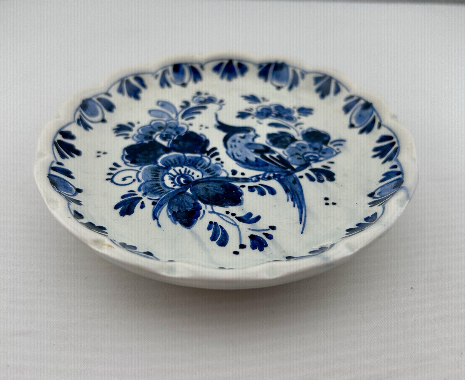 Vintage Delft Blue Plate Bird Floral Design Scalloped Hand Painted Made Holland
