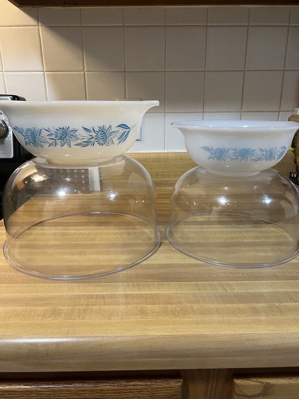 Vintage Glasbake Milk Glass Blue Thistle Flower Bowl Set Of 2 EUC 8.5 And 9”