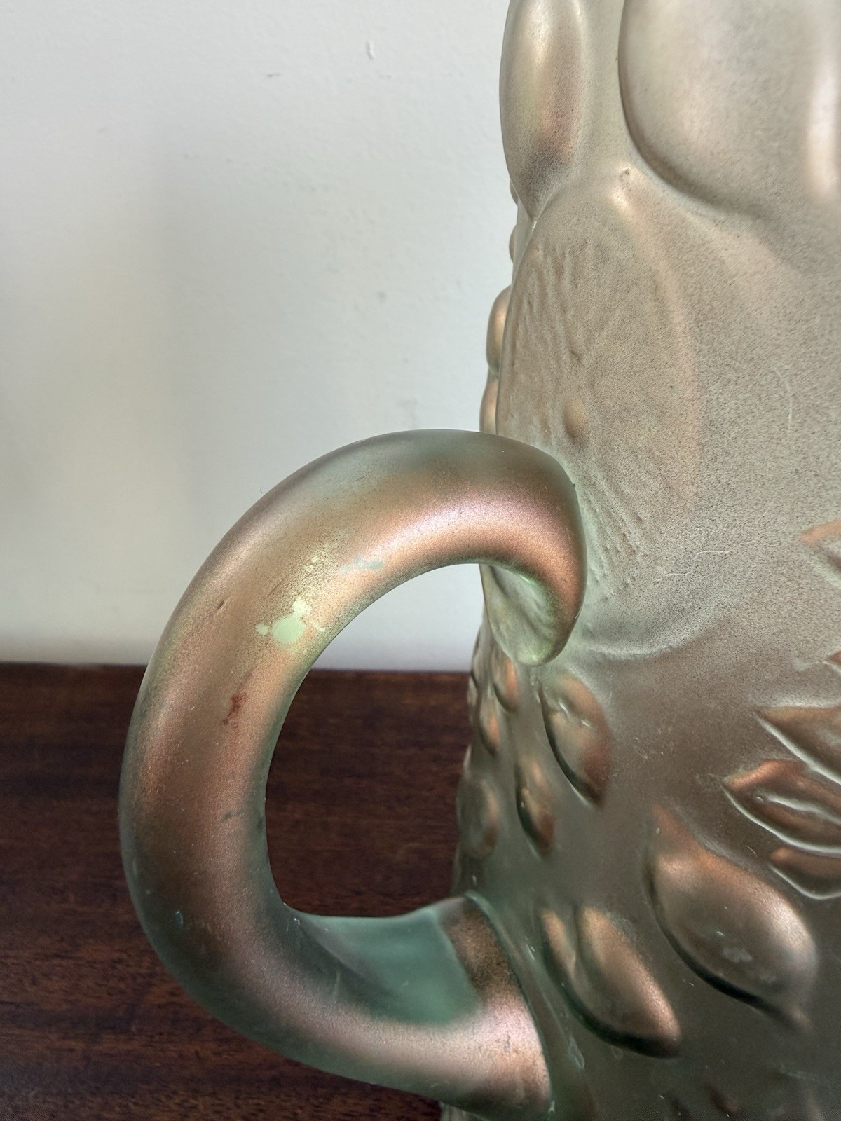Vintage Ittala Frutta Green Opalecent Tall 9 3/4” Pitcher, Pre Owned.