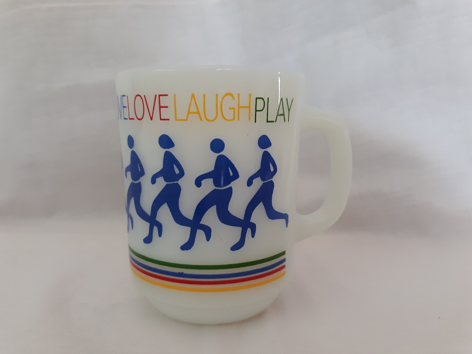 1980 Anchor Hocking FireKing Rainbow Runner Live Love Laugh Play Milk Glass Mug