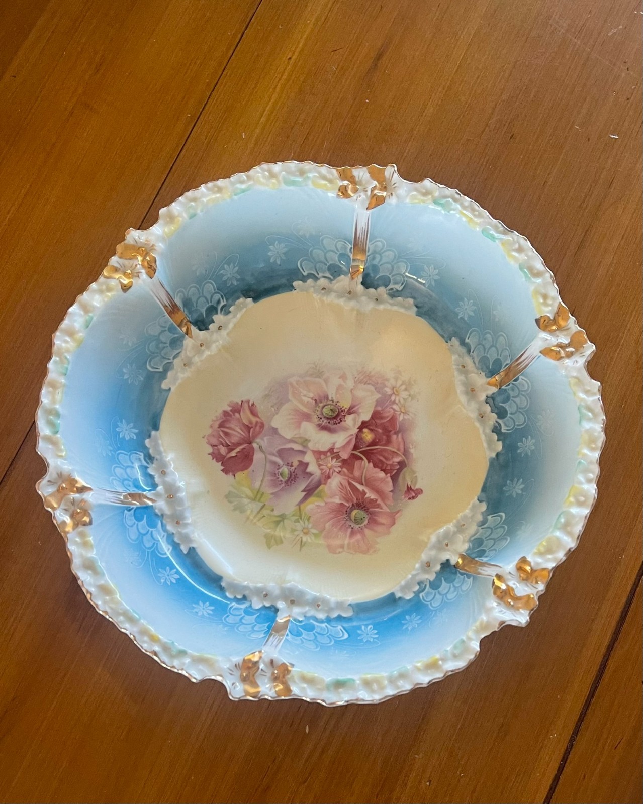 Antique RS Prussia Floral Pink Rose Blue Bowl Gold Trim 10.5”