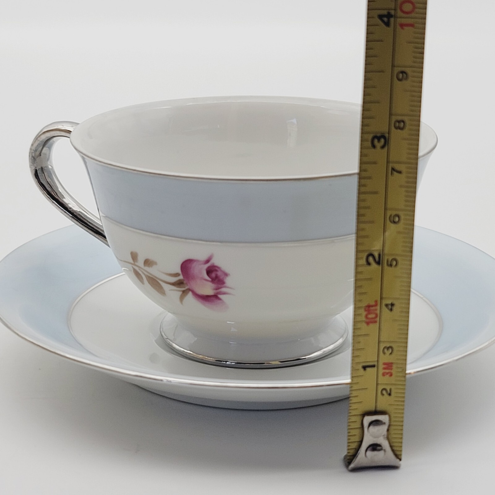 Vintage Fujiyama Yokohama Cup and Saucer Japan Rose Blue Silver Trim Floral