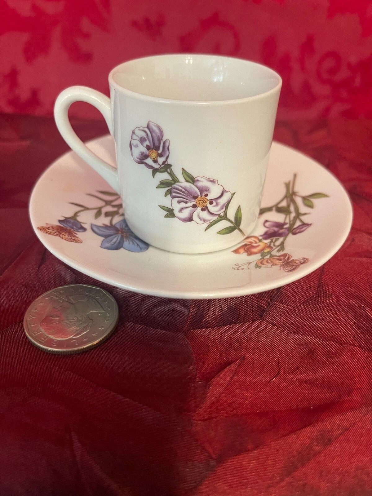 Vintage Cordon Bleu BIA Floral Demitasse Cup & Saucer Custom Made Hand Decorated