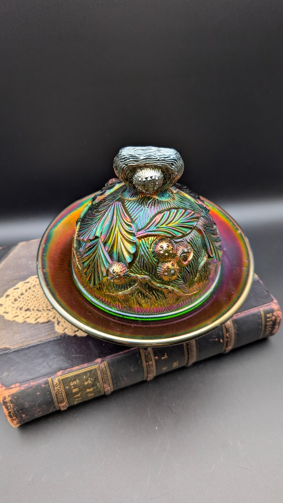 Antique Northwood Acorn Burrs Amethyst Carnival Glass Covered Butter Dish Signed