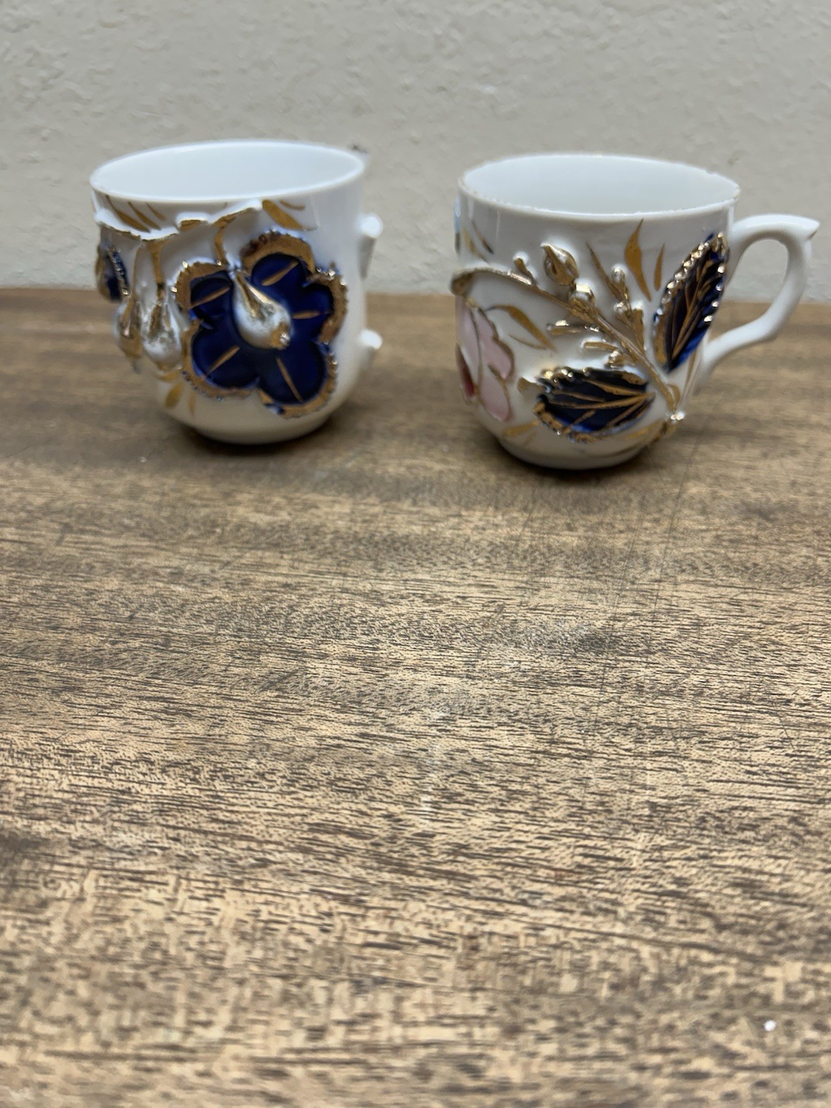 Antique Germany cobalt blue white gold rust Demitasse Cup applied Flowers Leaves