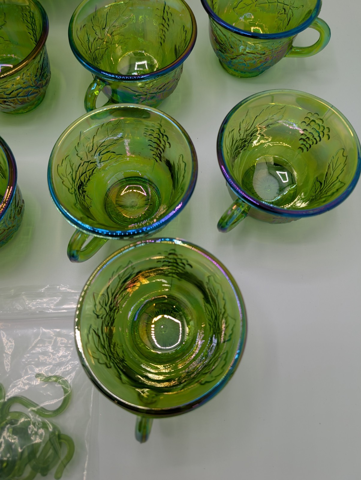 Vintage Indiana Carnival Glass Iridescent Green Punch Bowl Set With 12 Cups