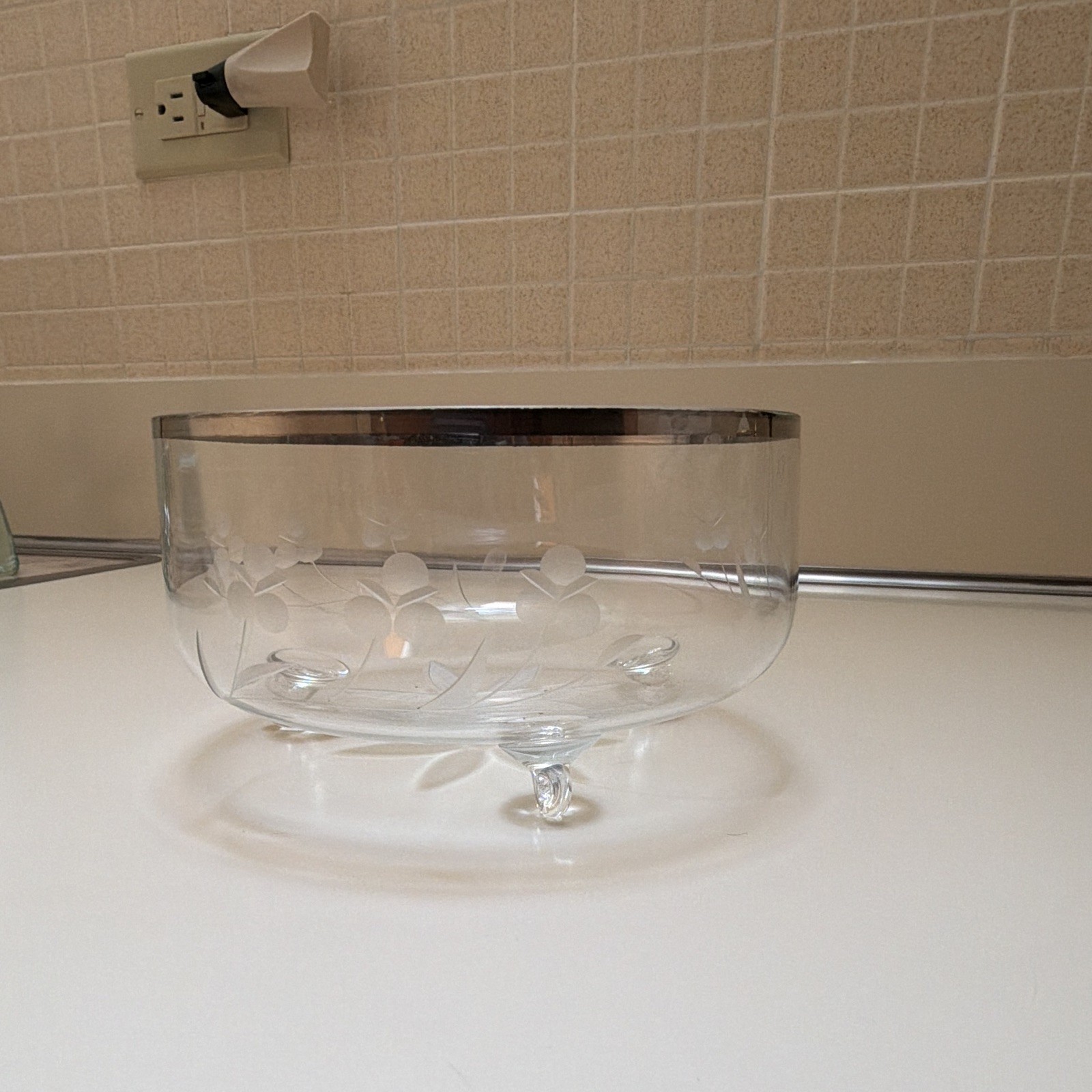 Clear Glass Floral Etched Compote Pedestal Bowl w/ Black Metal Leaf Vine Stand