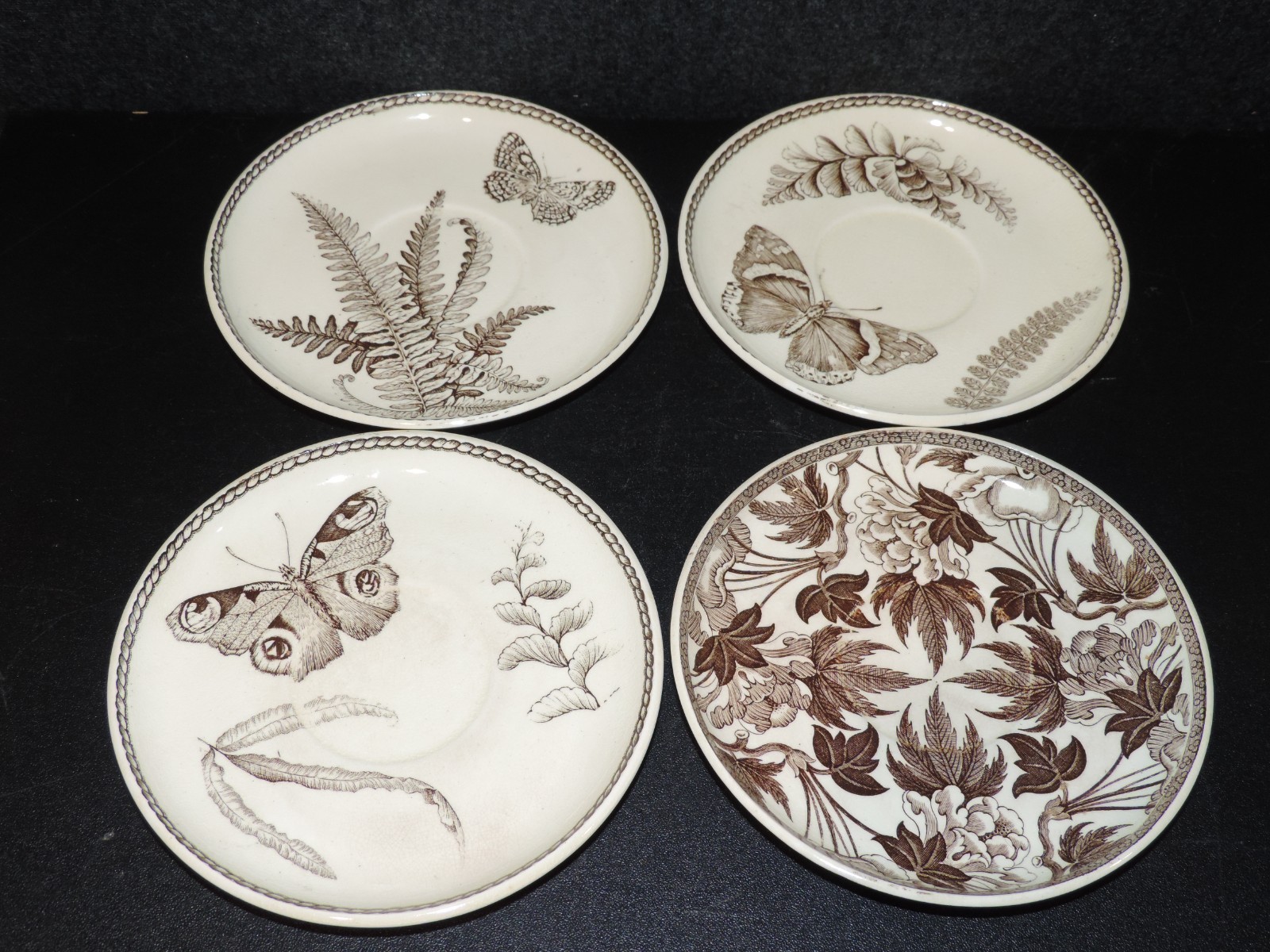 ANTIQUE WEDGWOOD BROWN TRANSFER AESTHETIC BOTANICAL DEMITASSE CUPS & SAUCERS