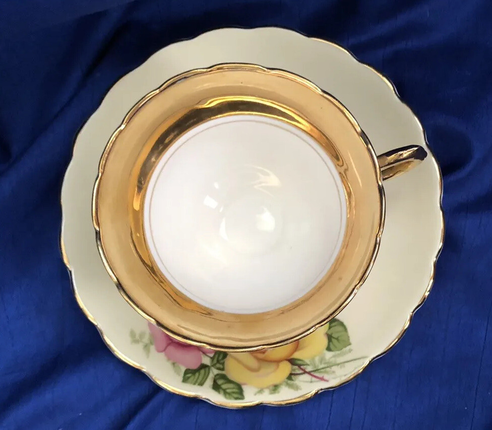 Rosina Bone China England Footed Tea Cup Saucer Cabbage Roses Gold #5198?/HR