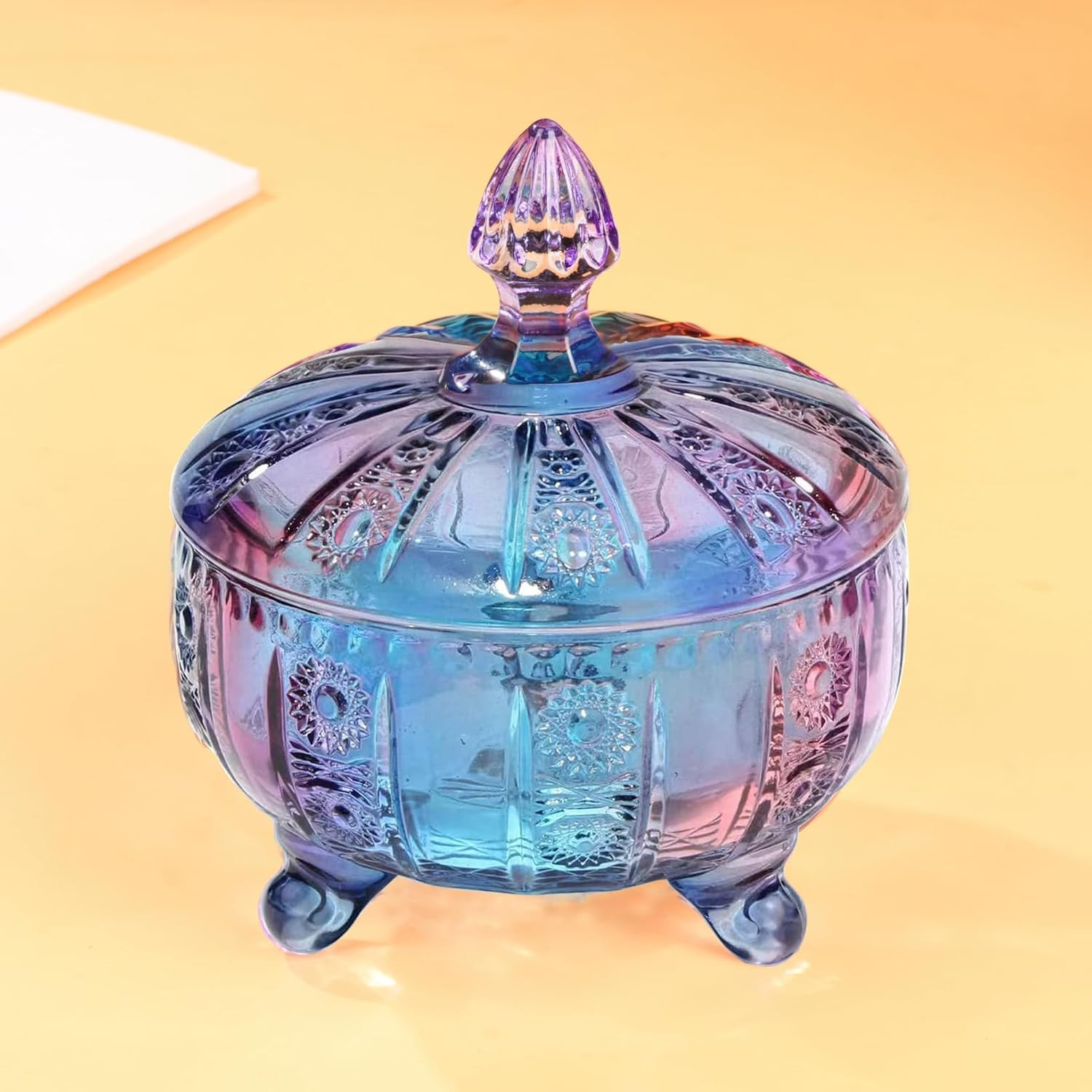 Purple-Blue Glass Candy Dish with Lid,Embossed Candy Jar with Lid 16Oz,Vintage