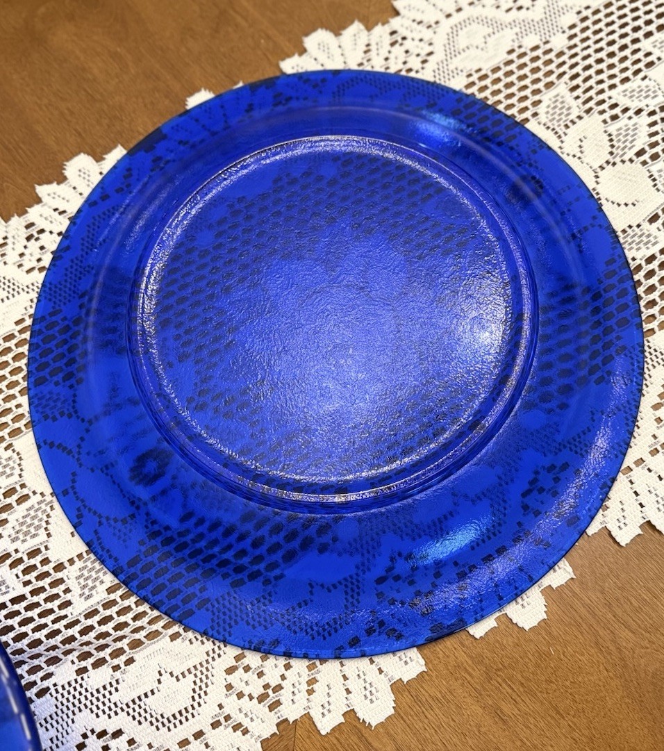 VTG Italy Cobalt Blue Texture Glass Centerpiece Set 15” Platter 13” Serving Bowl