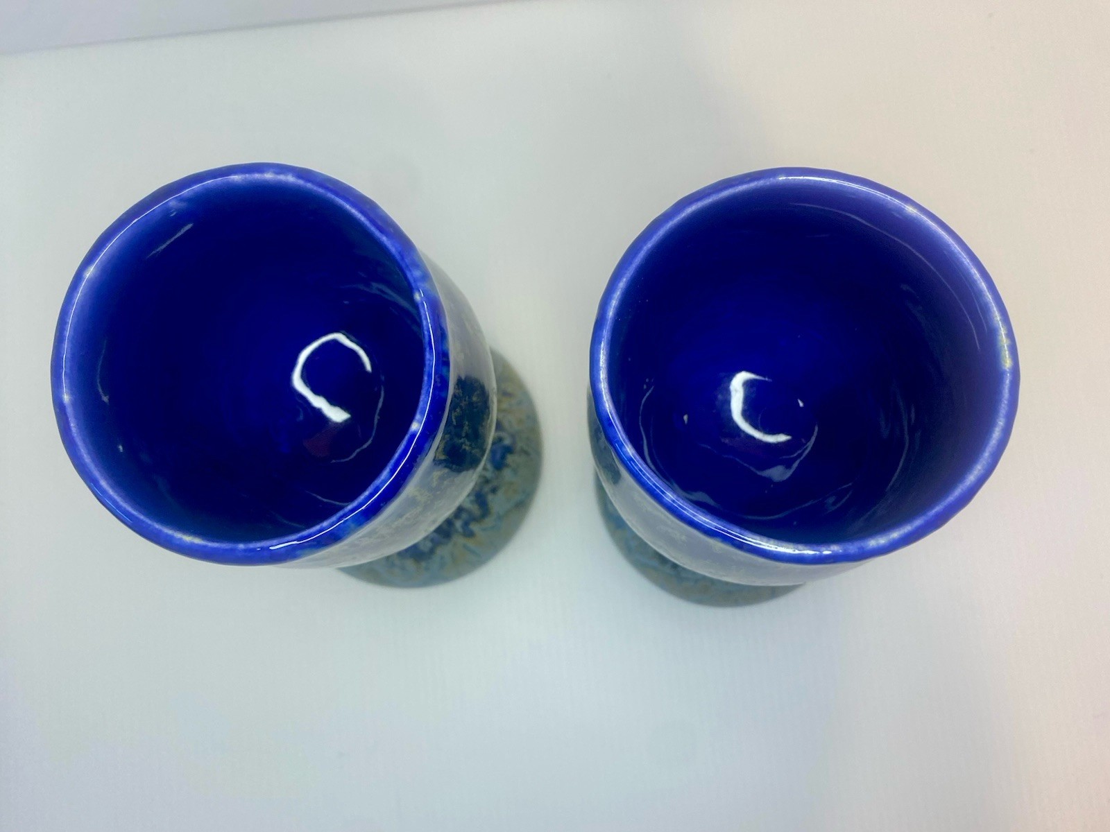 2- New Doug Wylie Studio Pottery Goblets Footed Whale Tail Mugs Blue Drip Glaze